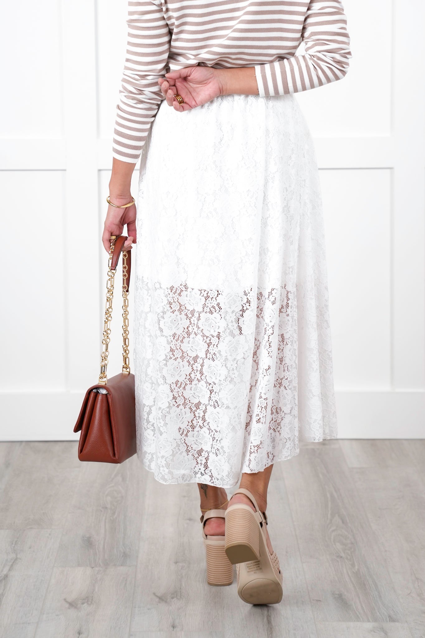 Floral Lace Elastic Waist Midi Skirt
