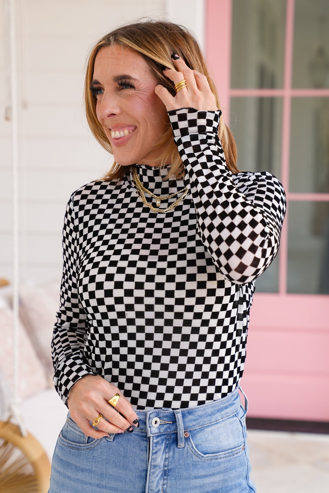 Plus/Reg Checkered Long Sleeve Mock Neck Mesh Top