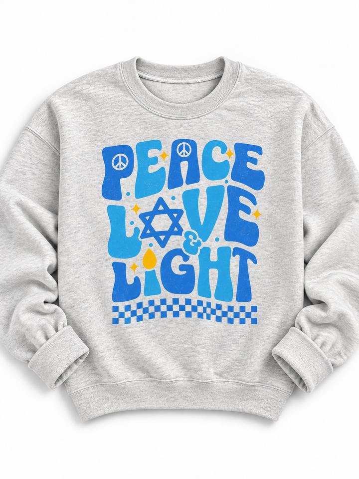 Plus/Reg Long Sleeve "Peace Love Light " Hanukkah Graphic Sweatshirt