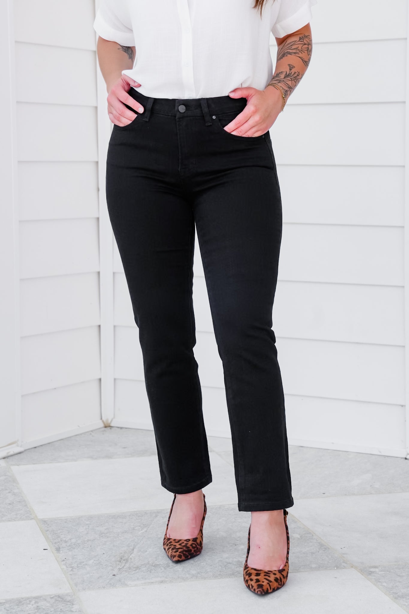 Mica Mid-Rise Black Straight Leg Ankle Jeans