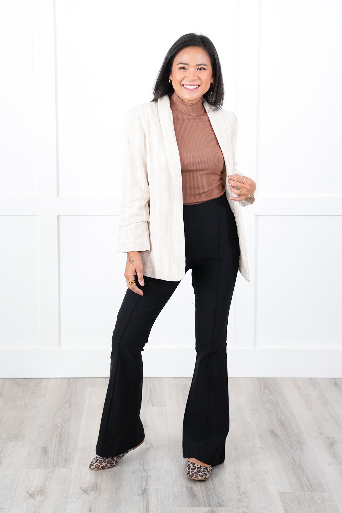 Plus/Reg High Waist Flare Leg Pant with Front Seam Detail
