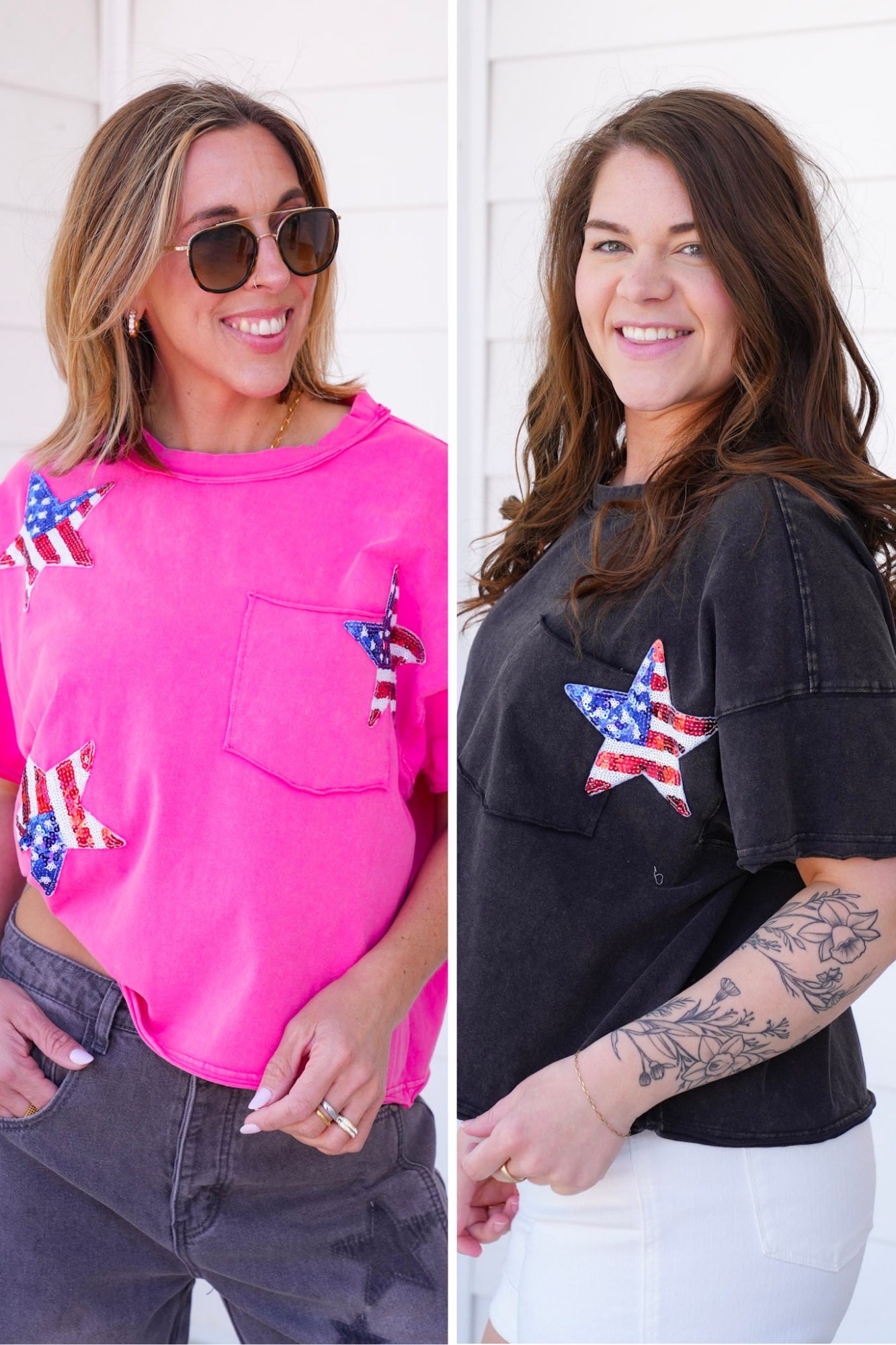 Plus/Reg Mineral Wash Short Sleeve Top with Sequin Star Patch Detail