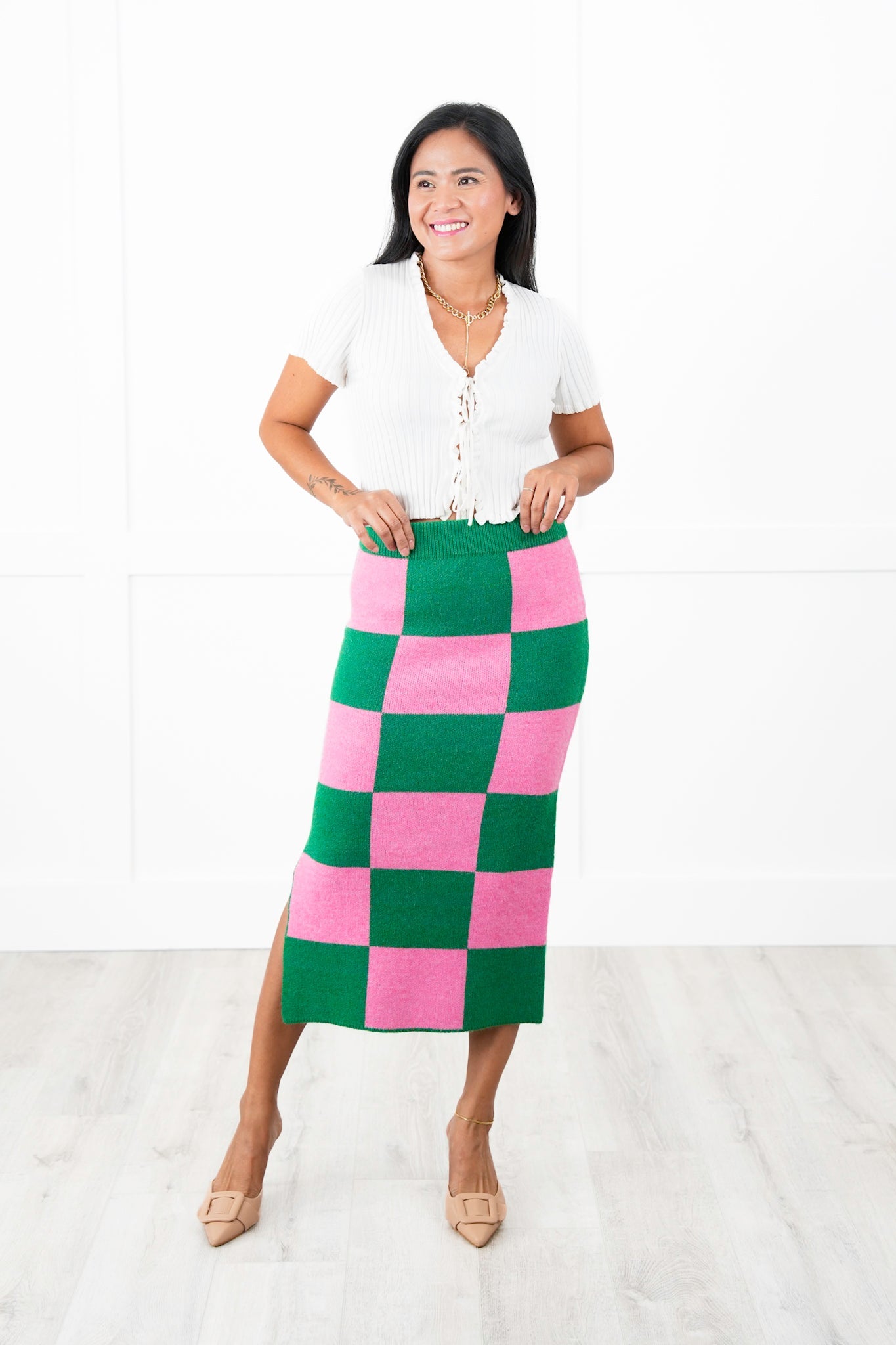 Restock! Plus/Reg Checkered Pencil Midi Sweater Skirt