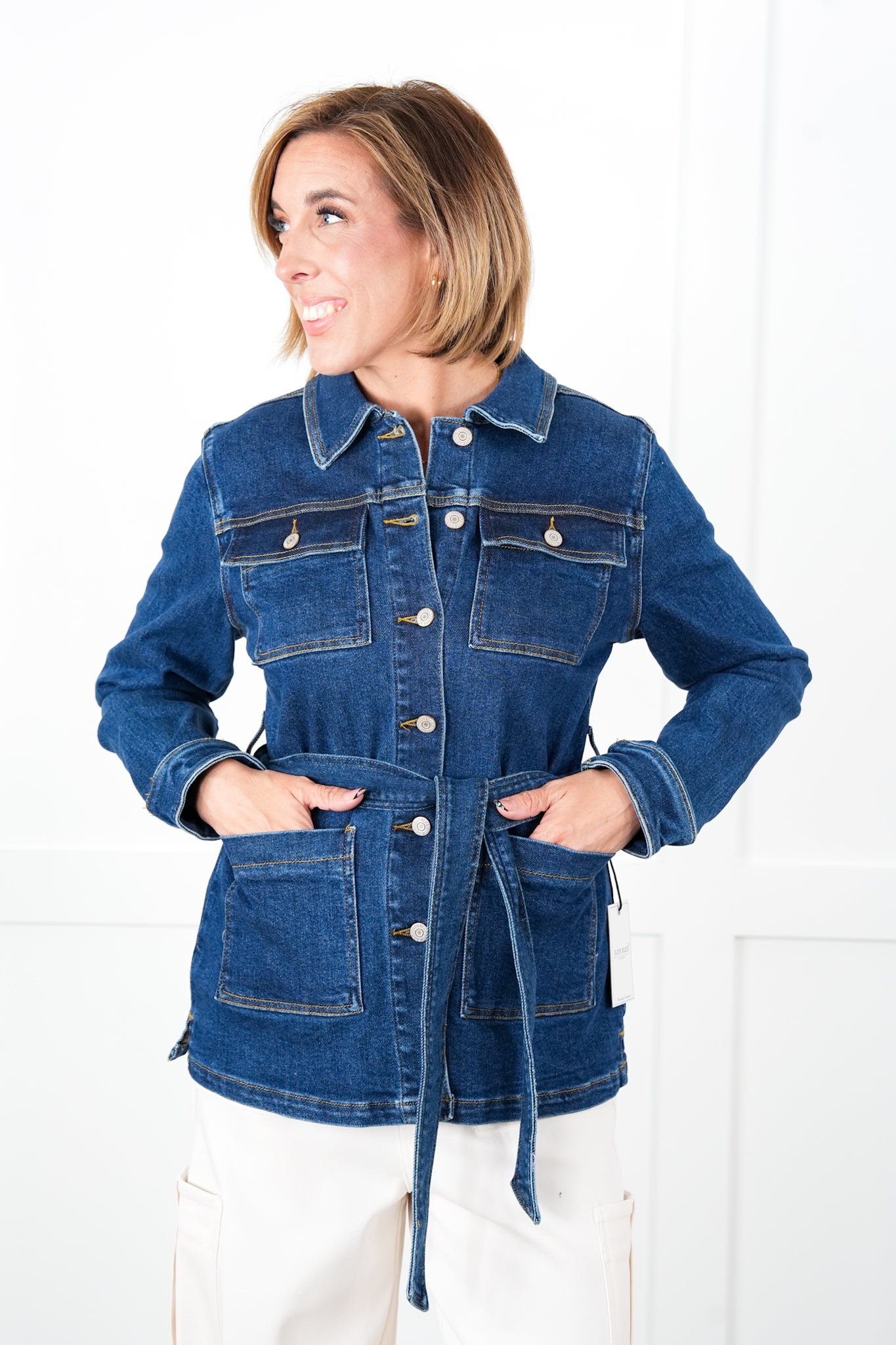 Plus/Reg Judy Blue Dark Denim Button Down Mid Length Utility Jacket
