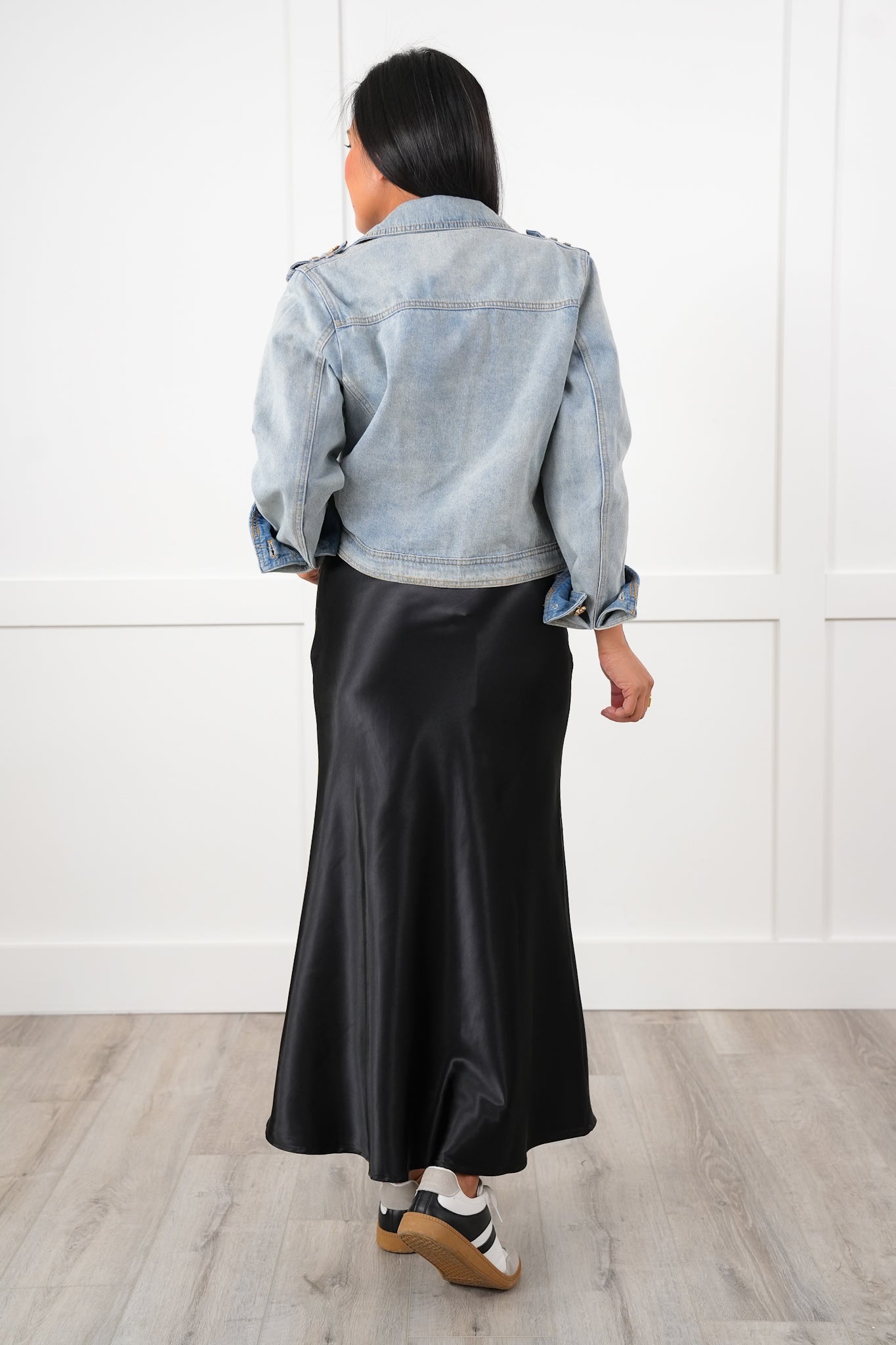 Black Satin A-Line Midi Skirt with Side Zipper