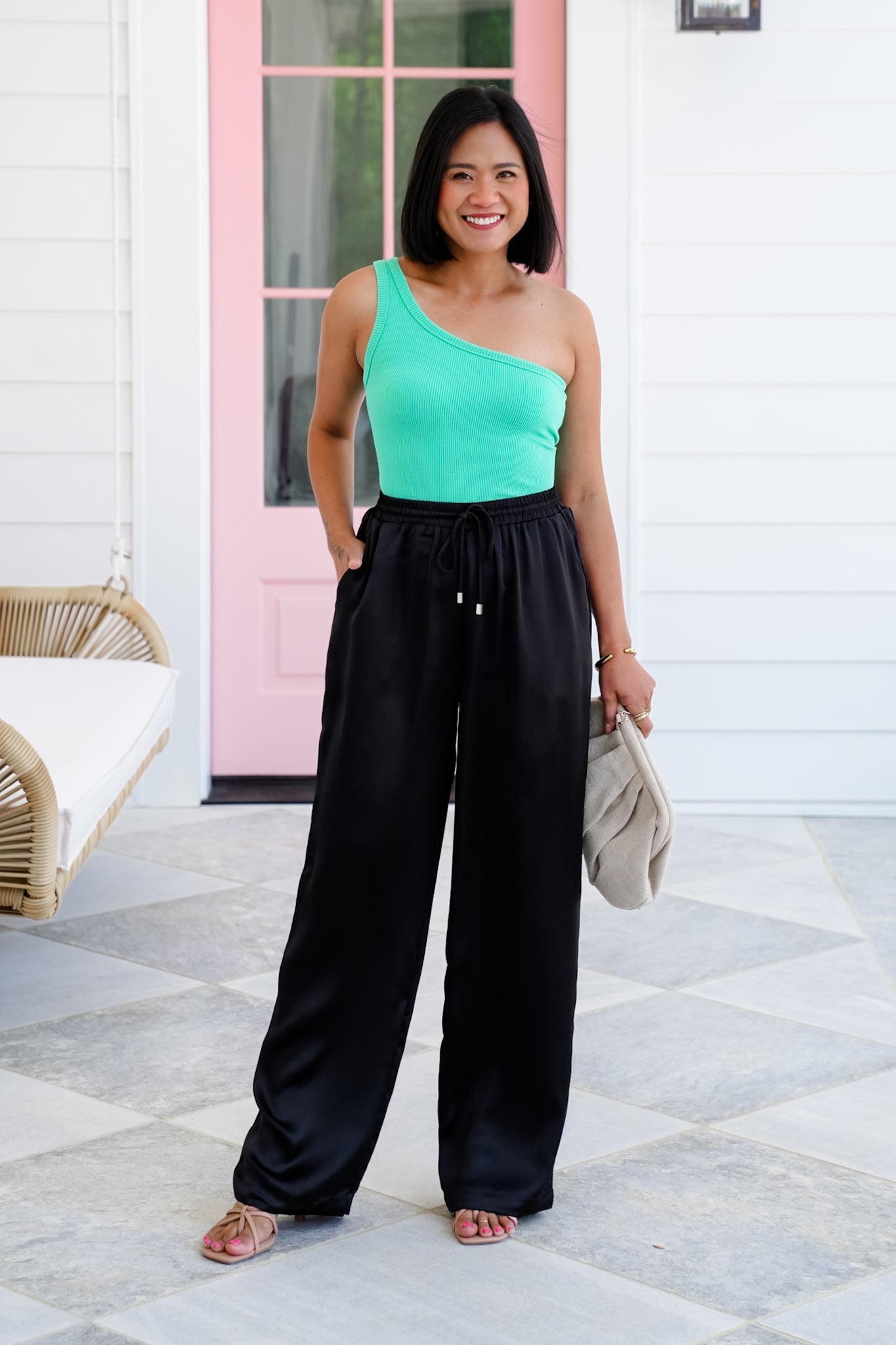 Satin Elastic High Waist Wide Leg with Side Pockets