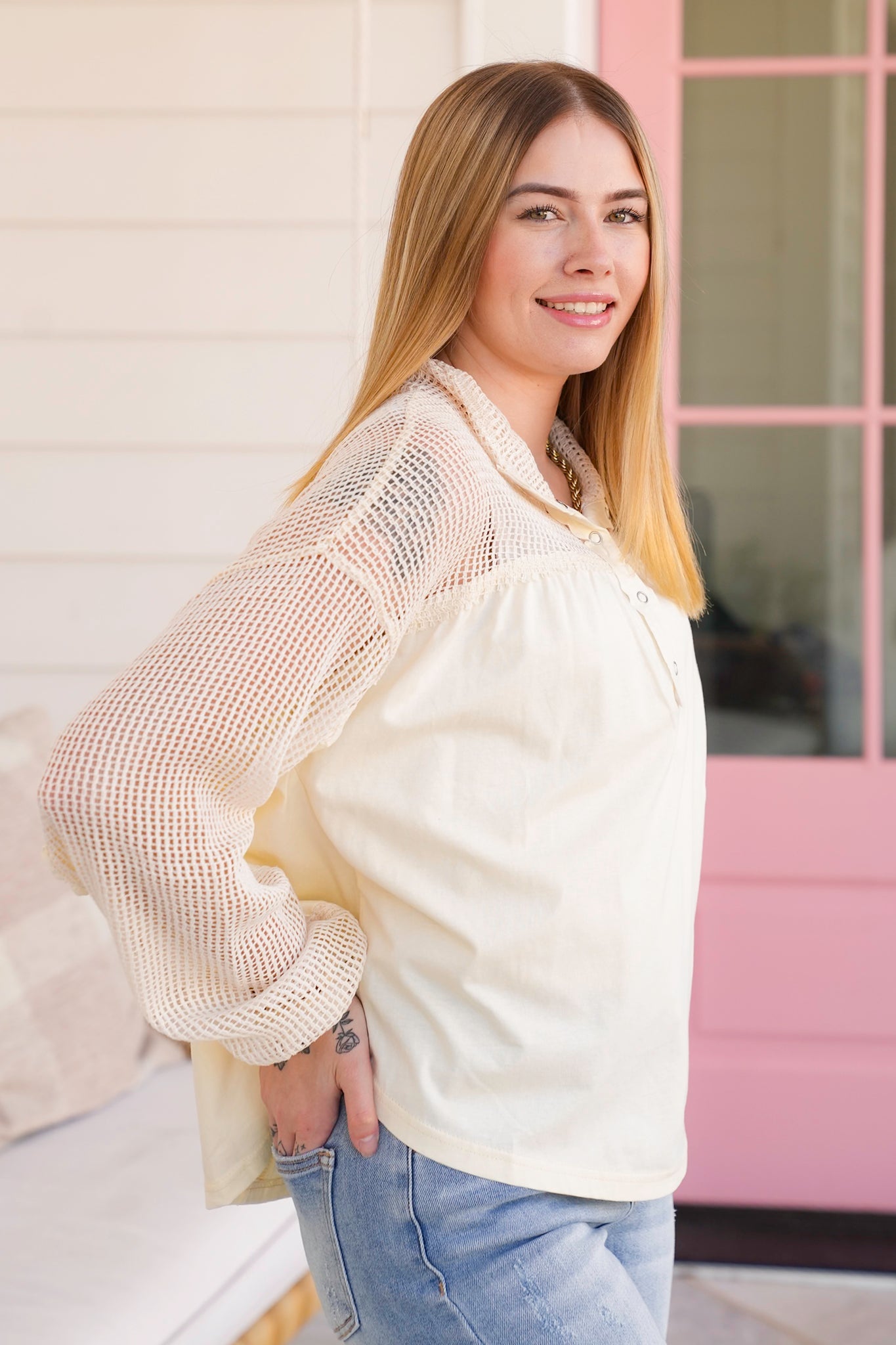 Long Sleeve Henley Top with Mesh Detail