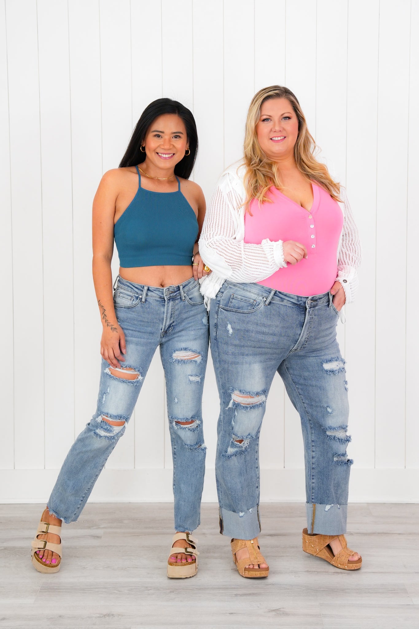 Risen Light Wash Distressed Mid Rise Capris with Cuff