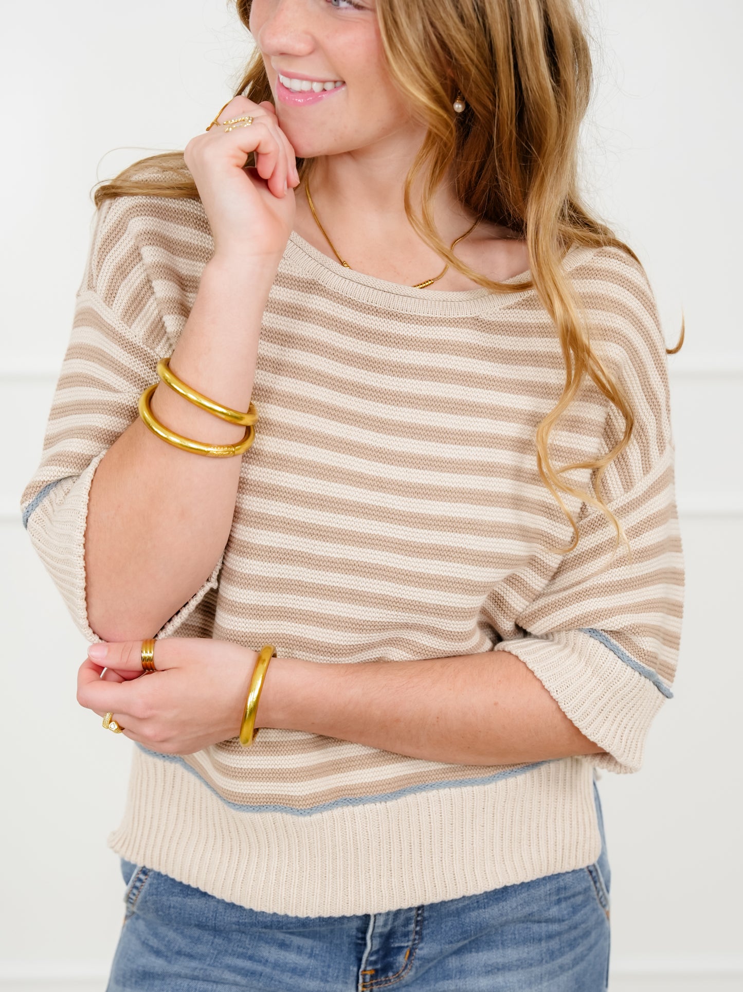 Stripe Short Sleeve Sweater with Contrast Trim