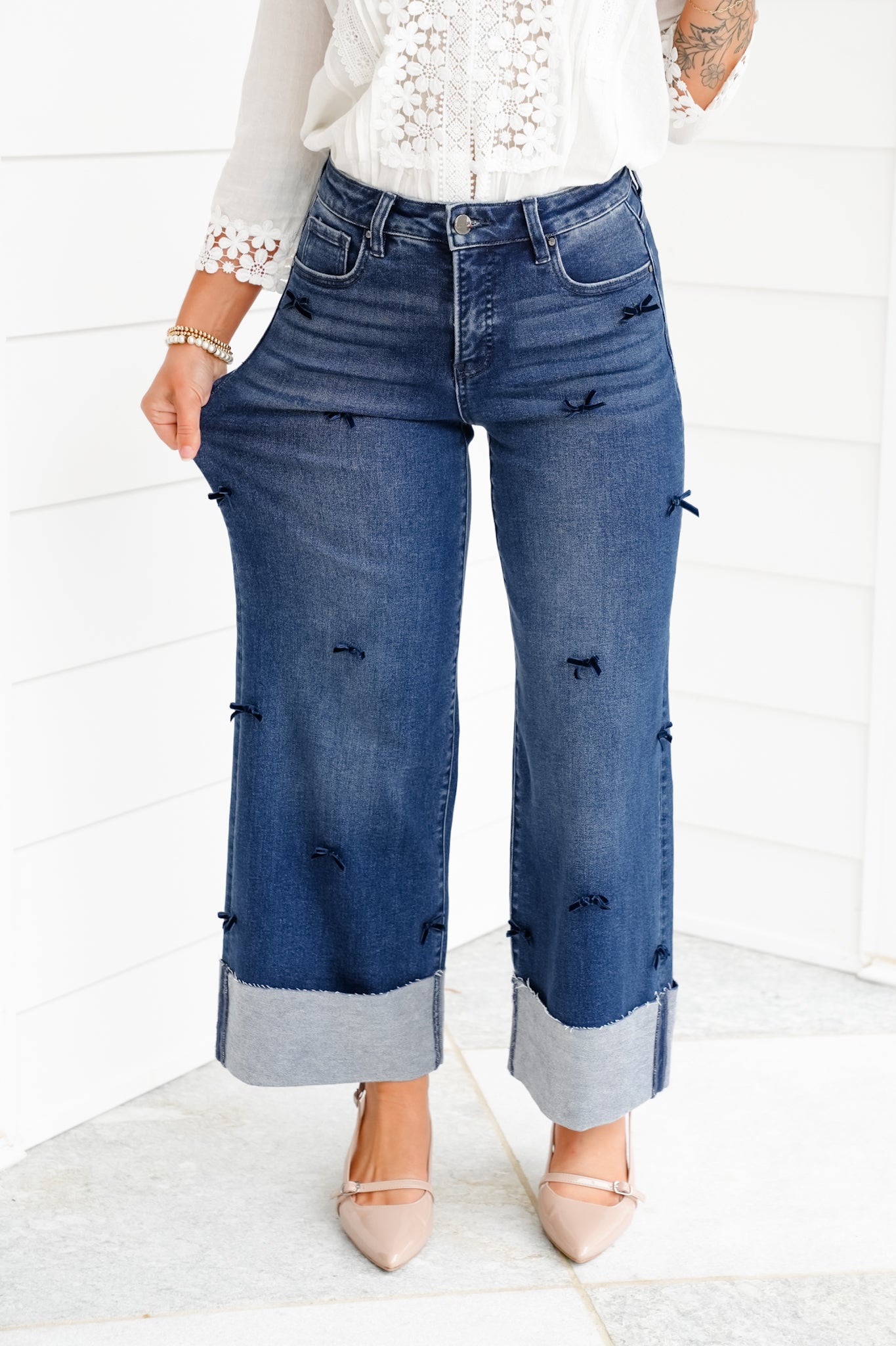 Risen High Rise Dark Wash Tummy Control Crop Wide Leg Jeans with Bows
