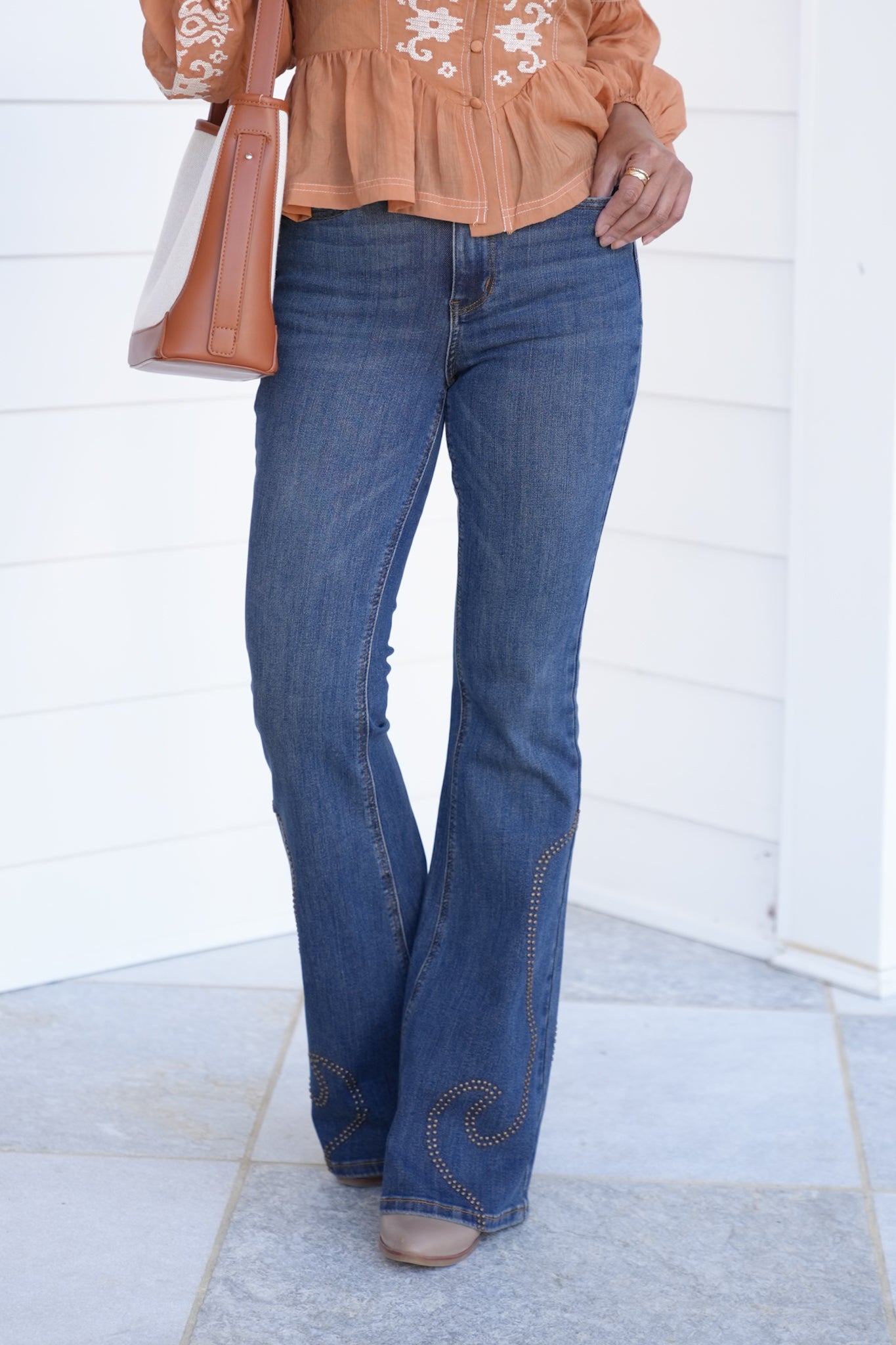 Judy Blue High Rise Medium Wash Western Studded Flare Jeans