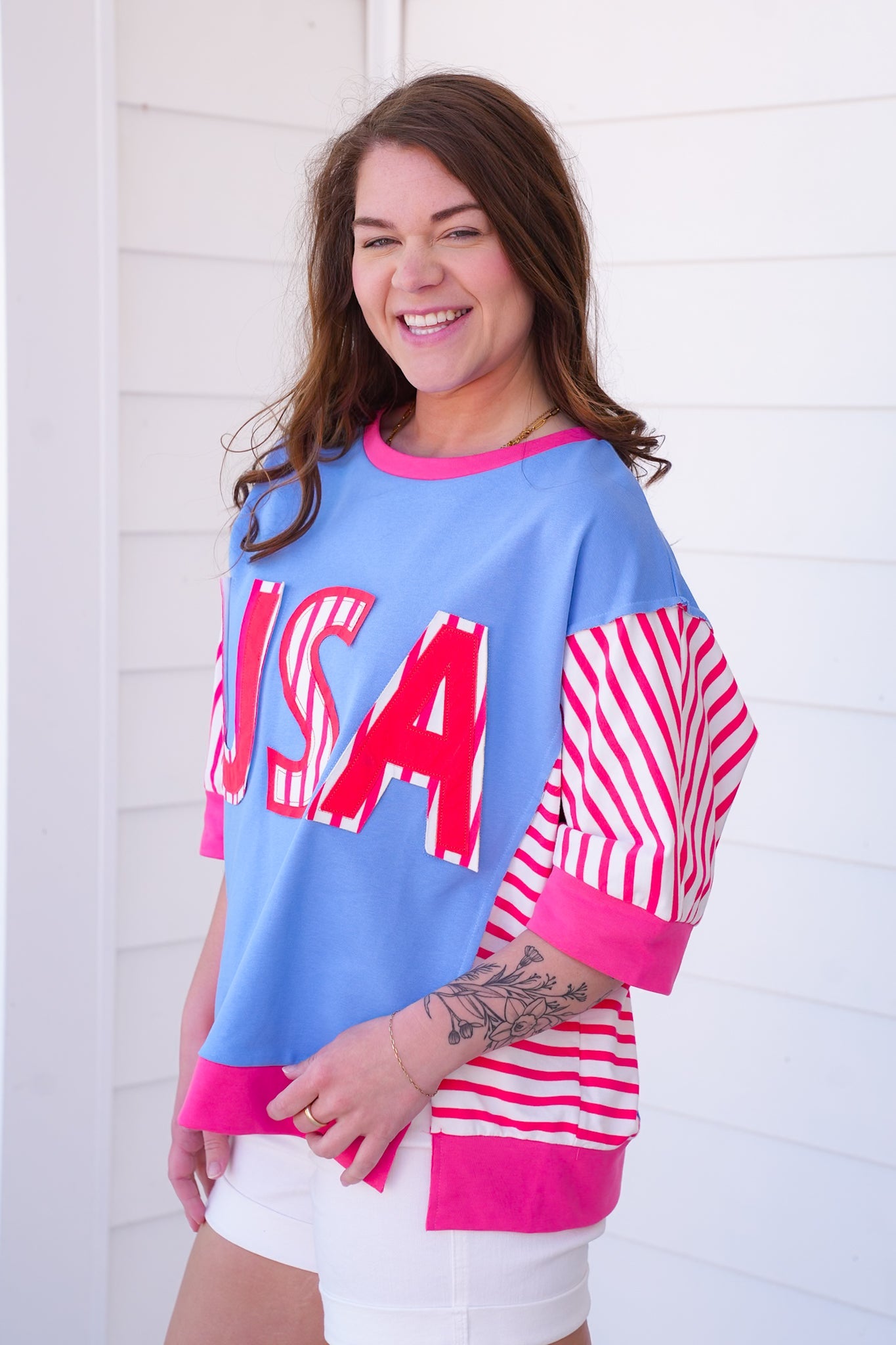 Restock! USA Lettering Patchwork Short Sleeve Pullover Top