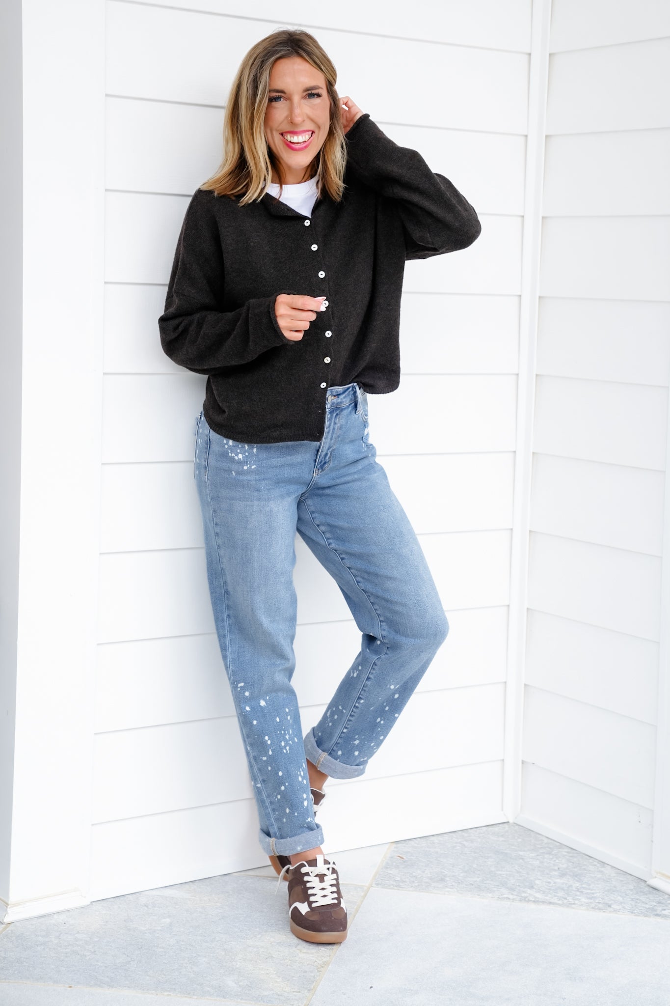 Judy Blue Mid Rise Medium Wash Distressed Bleach Splatter Cuffed Boyfriend Jeans