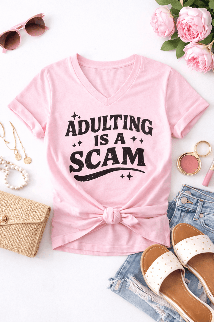 Plus/Reg Short Sleeve V Neck "Adulting is a Scam" Graphic Tee - Freckled Poppy