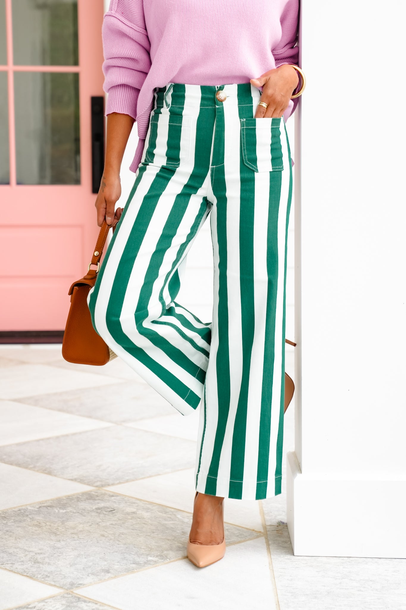 Mica High Rise Green and White Striped Cropped Wide Leg Jeans