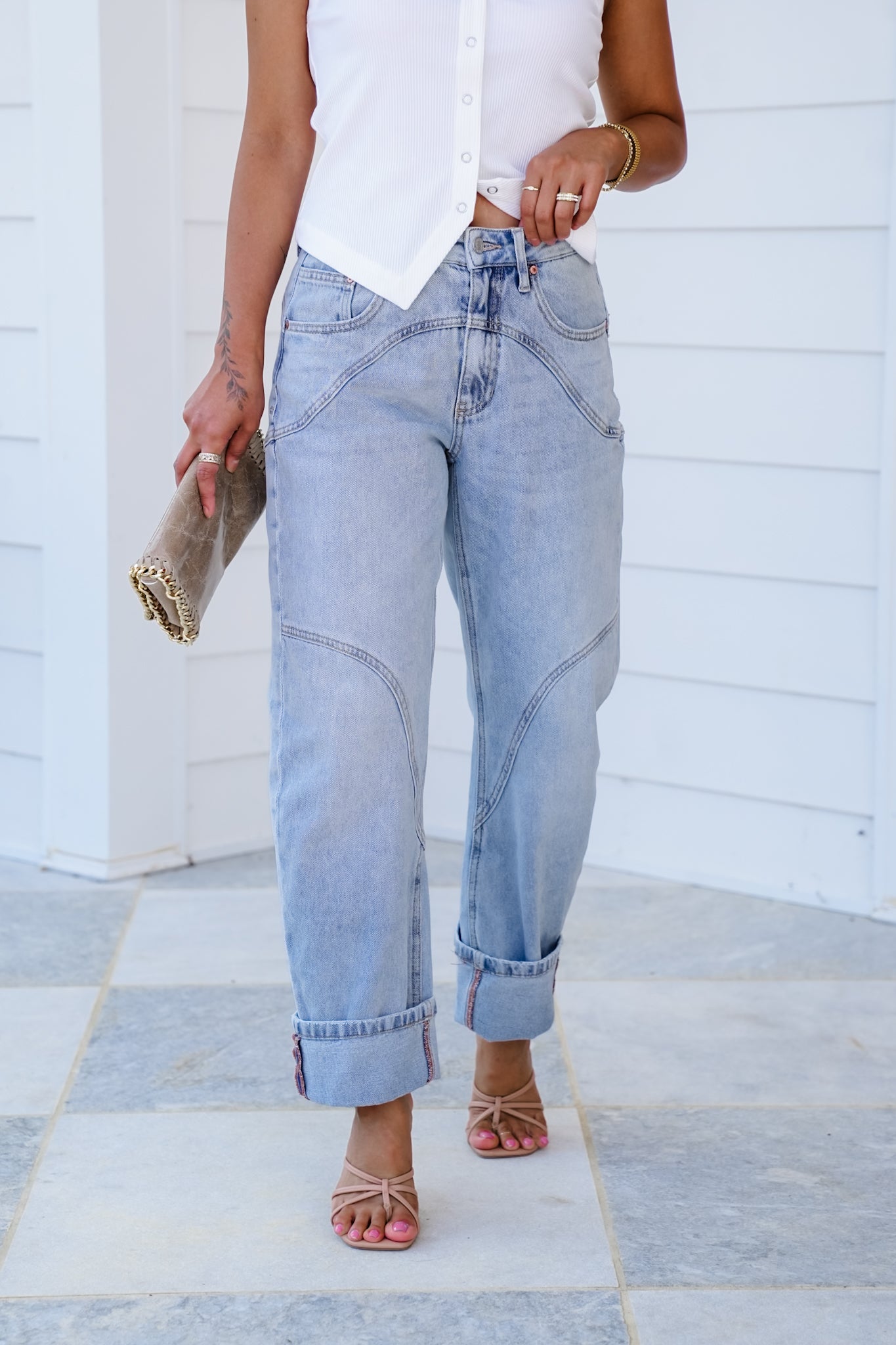 Saige High Rise Light Wash Barrel Jeans with Wide Cuff