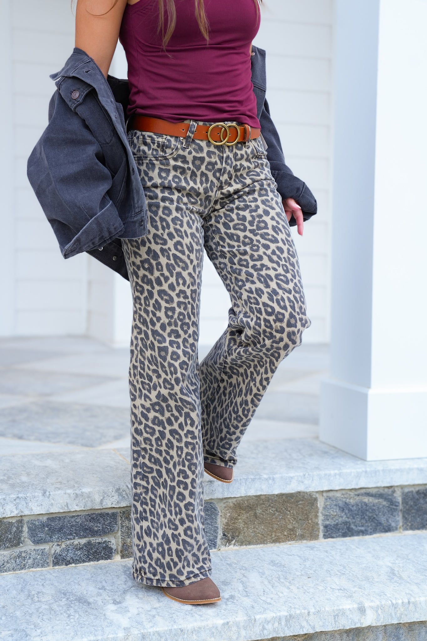 Risen Mid Rise Leopard Wide Leg Jeans