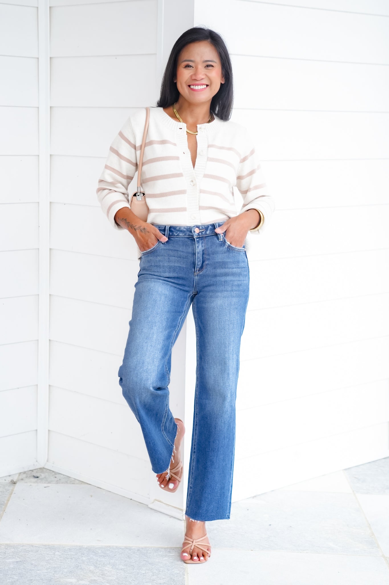 Risen Mid Rise Medium Wash Crop Straight Leg Jeans with Raw Hem