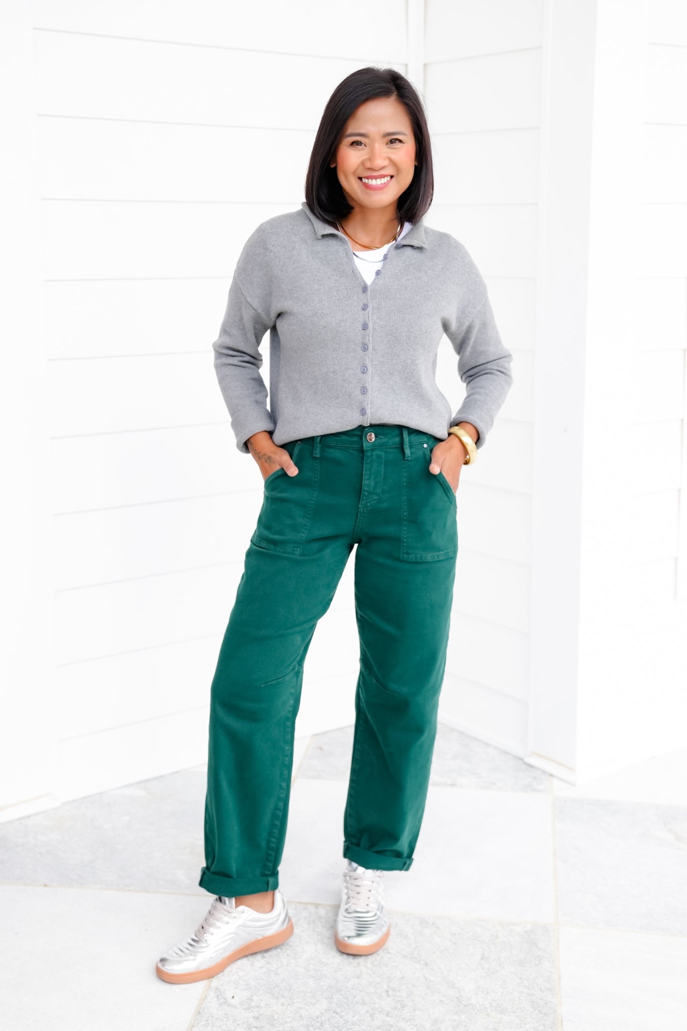 Risen Look at Me High Rise Green Ankle Cuffed Barrel Jeans