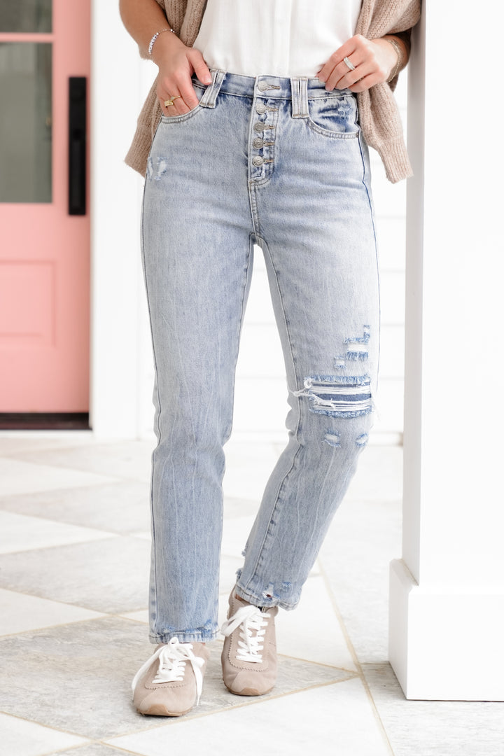 Saige High Rise Medium Wash Tummy Control Button Fly Cropped Slim Straight Leg Jeans