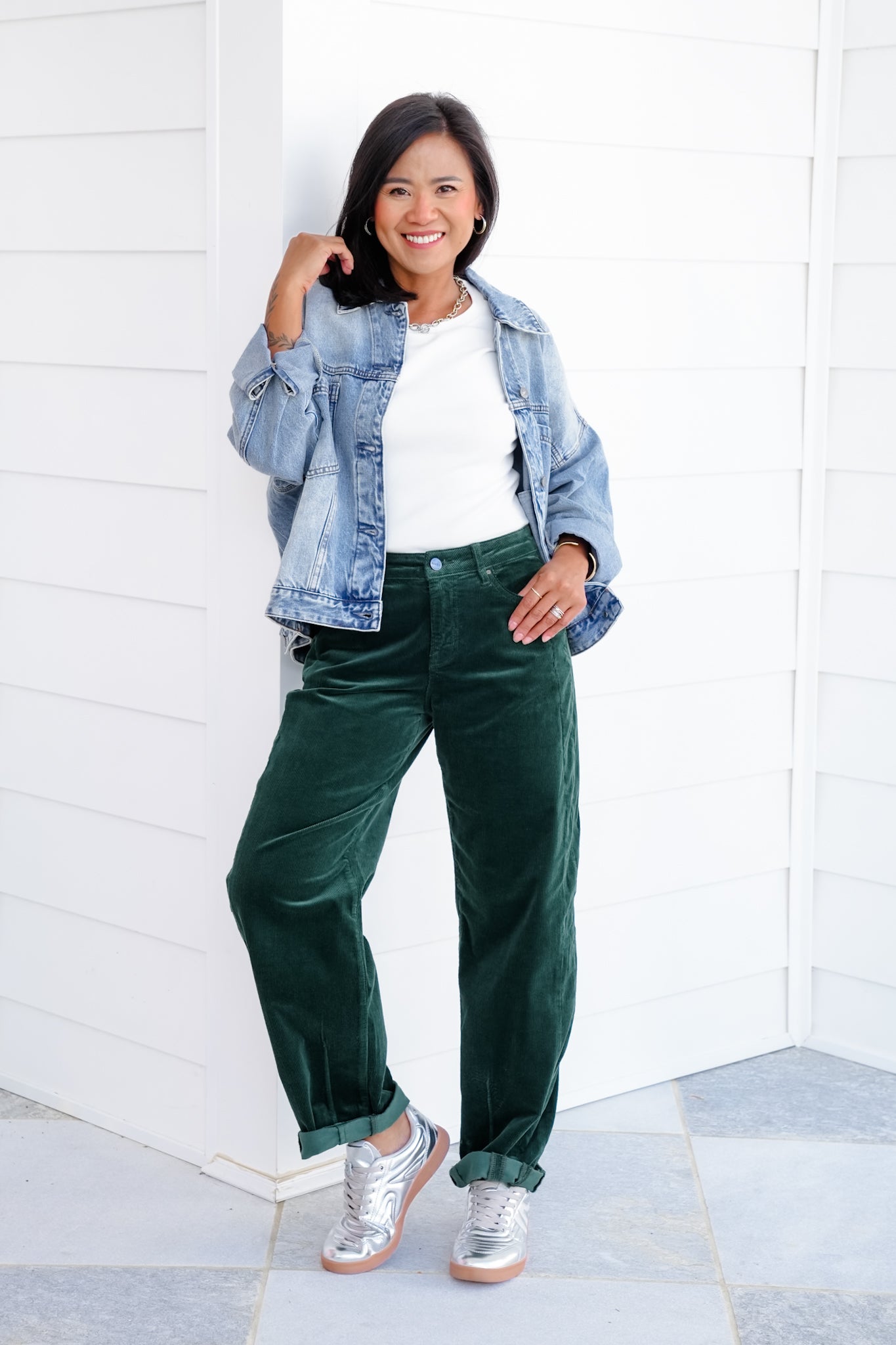 Risen High Rise Green Cuffed Corduroy Barrel Pants