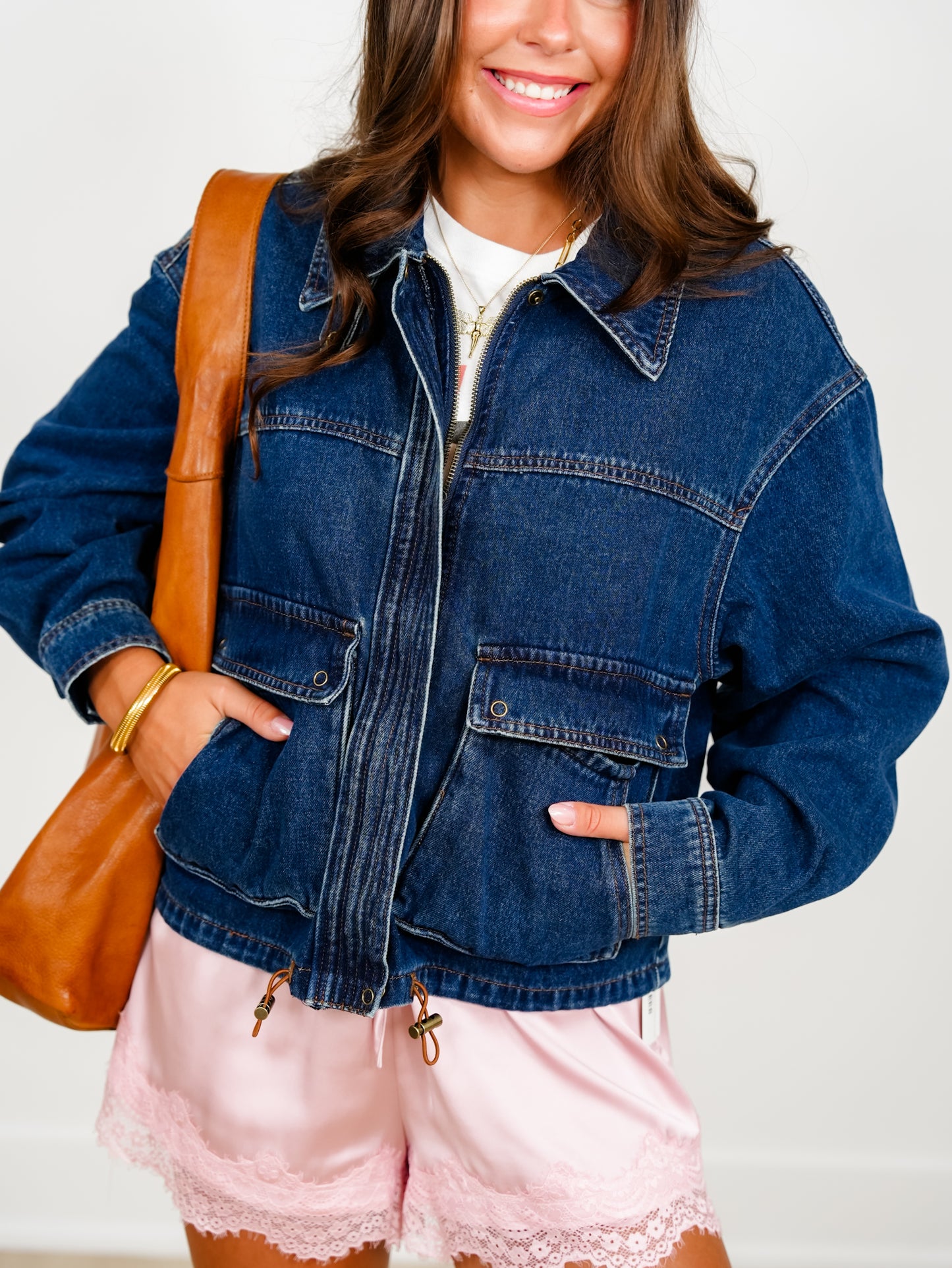 Dark Wash Long Sleeve Zip Up Utility Jacket