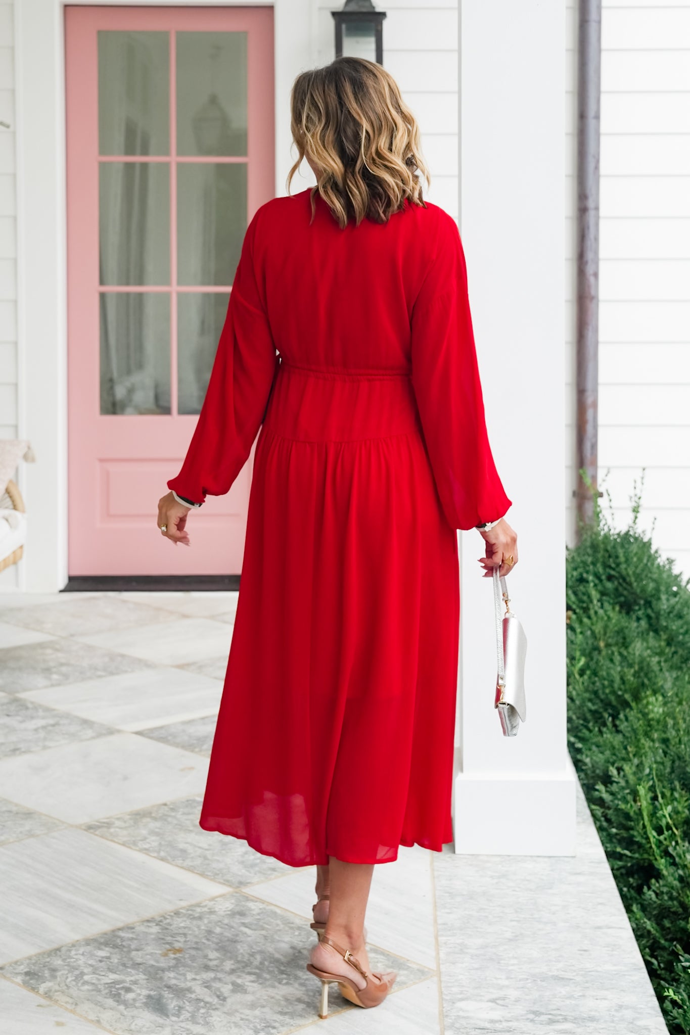 Long Sleeve Drawstring Waist Midi Dress