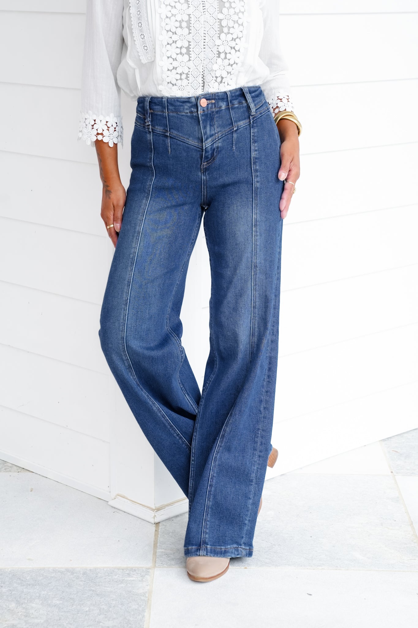 Risen High Rise Dark Wash Wide Leg Jeans with Front Yoke Detail