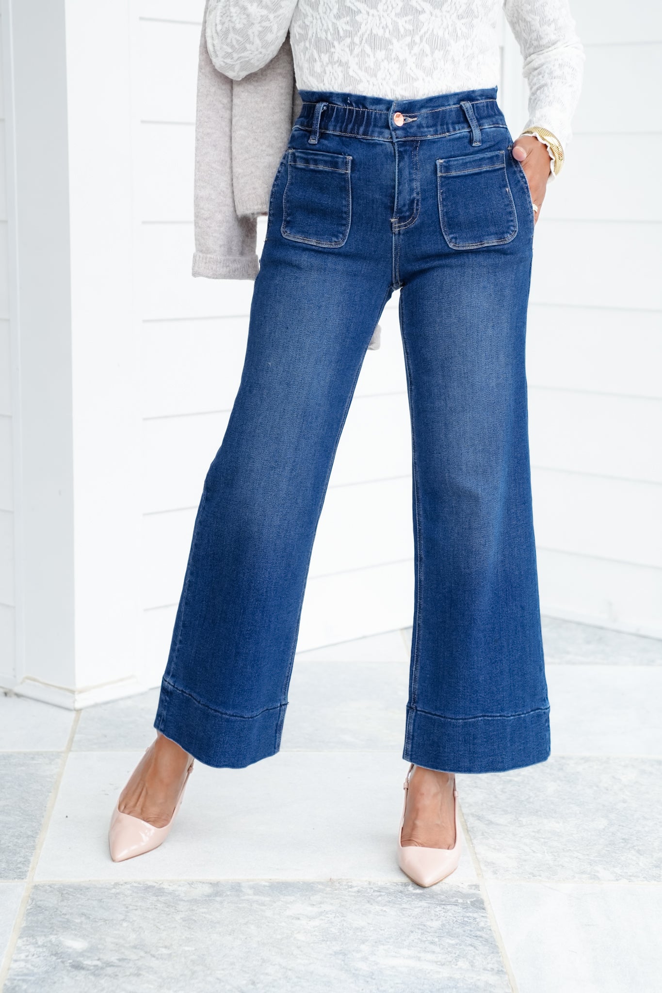 Risen High Rise Dark Wash Elastic Waistband Crop Wide Leg Jeans with Ruffle Band