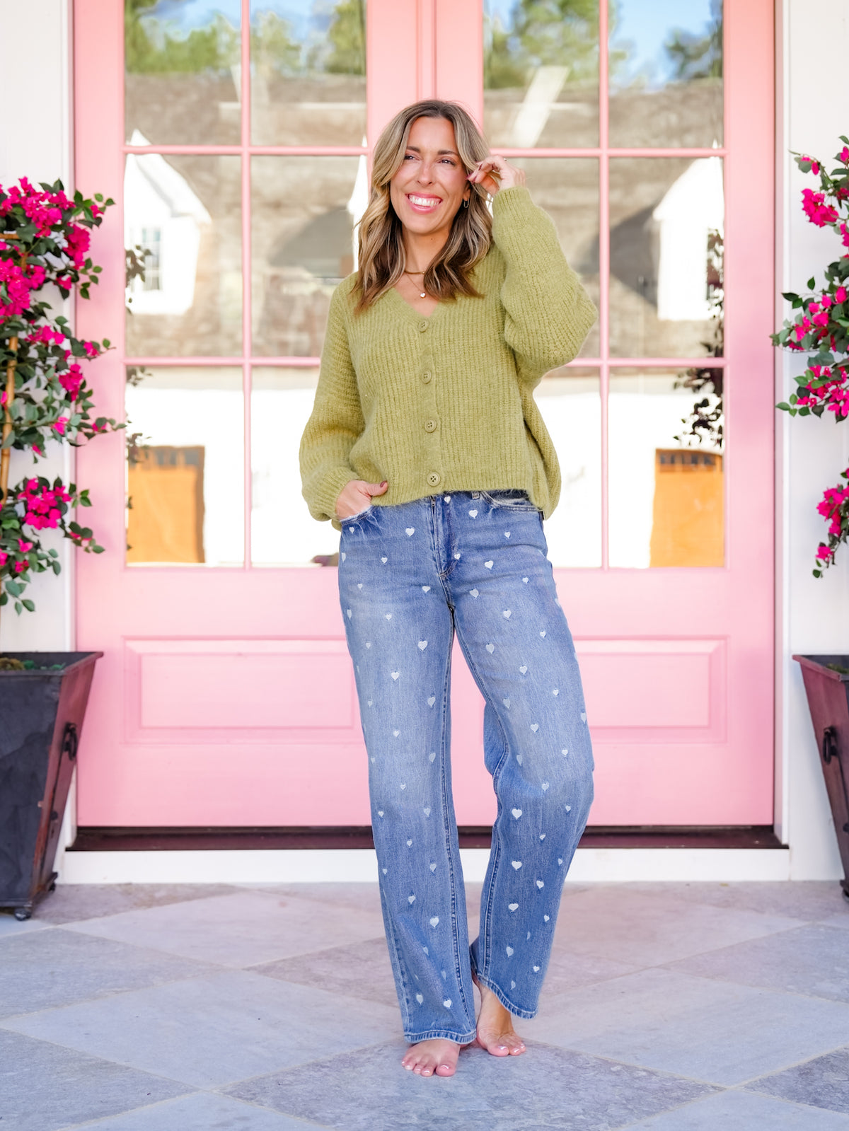 Mica High Rise Light Wash Straight Leg Jeans With Embroidered Hearts