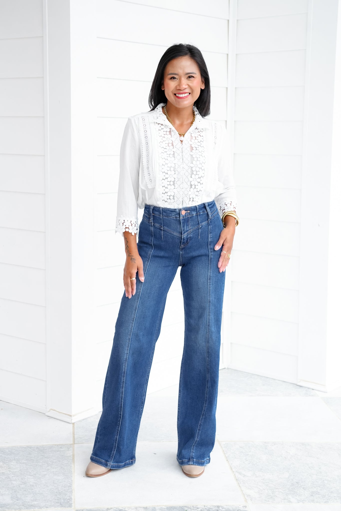 Risen High Rise Dark Wash Wide Leg Jeans with Front Yoke Detail