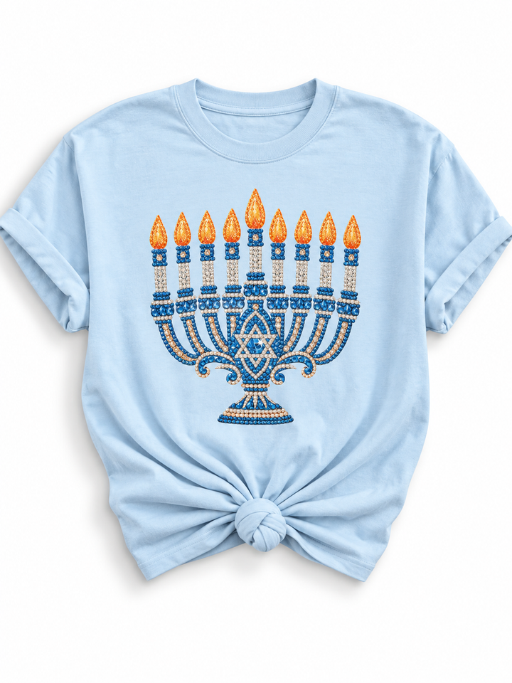 Plus/Reg Short Sleeve Glam Hanukkah Menorah Graphic Tee