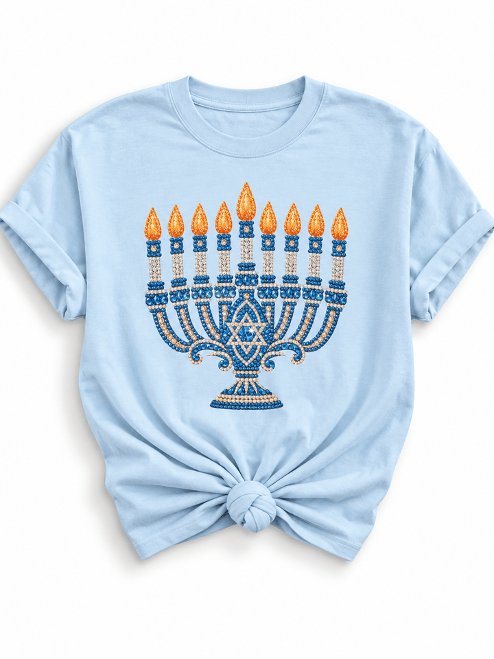 Plus/Reg Short Sleeve Glam Hanukkah Menorah Graphic Tee - Freckled Poppy