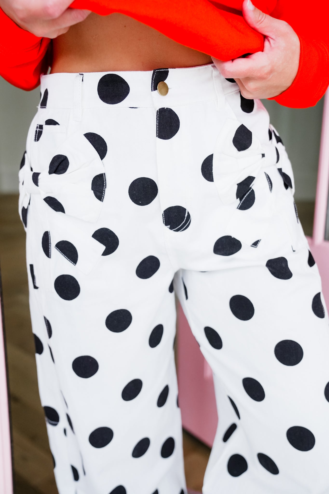 Plus/Reg Polka Dot Denim Barrel Jeans