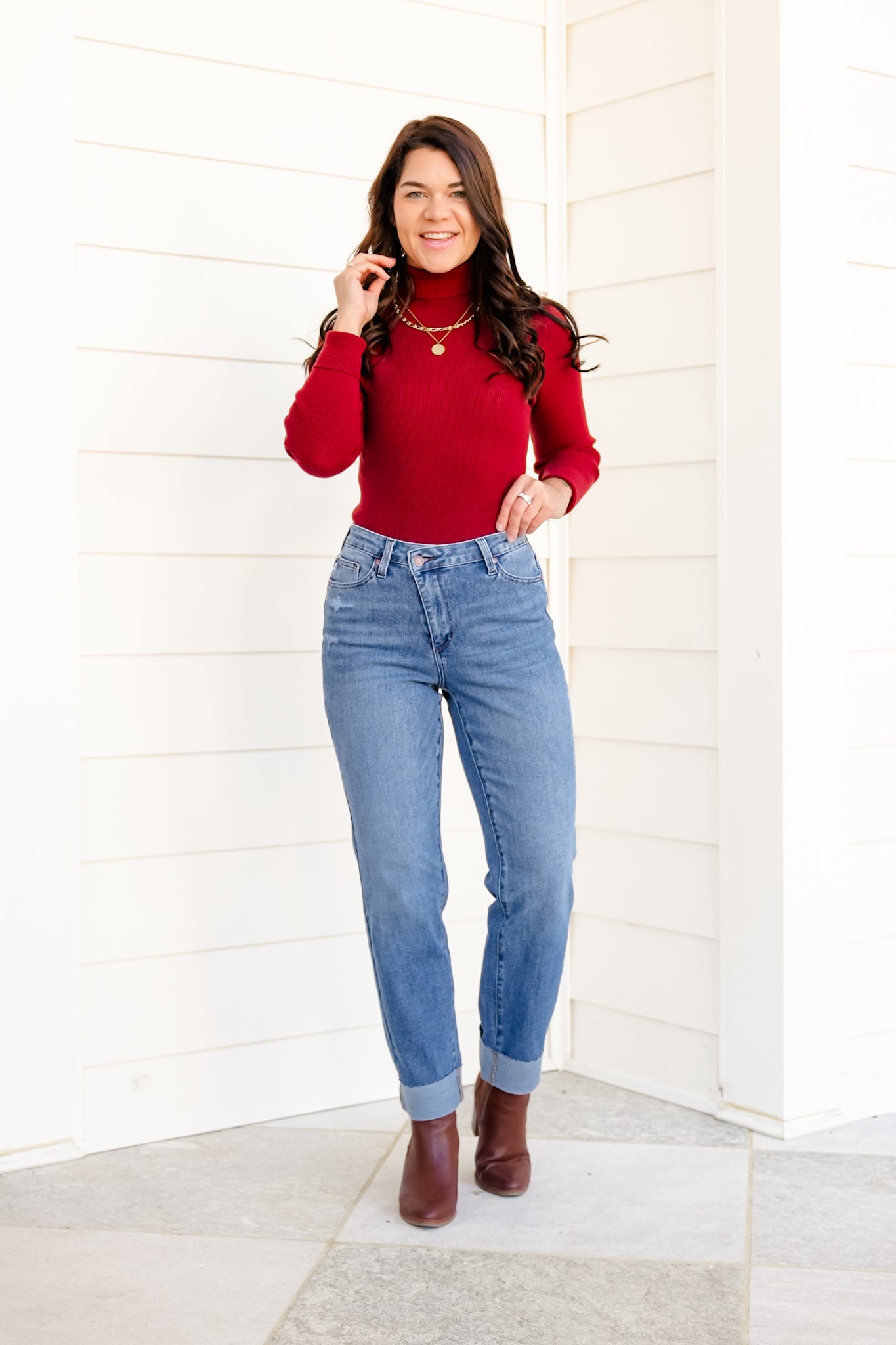 Judy Blue High Rise Medium Wash Distressed Criss-Cross Cuffed Boyfriend Jeans