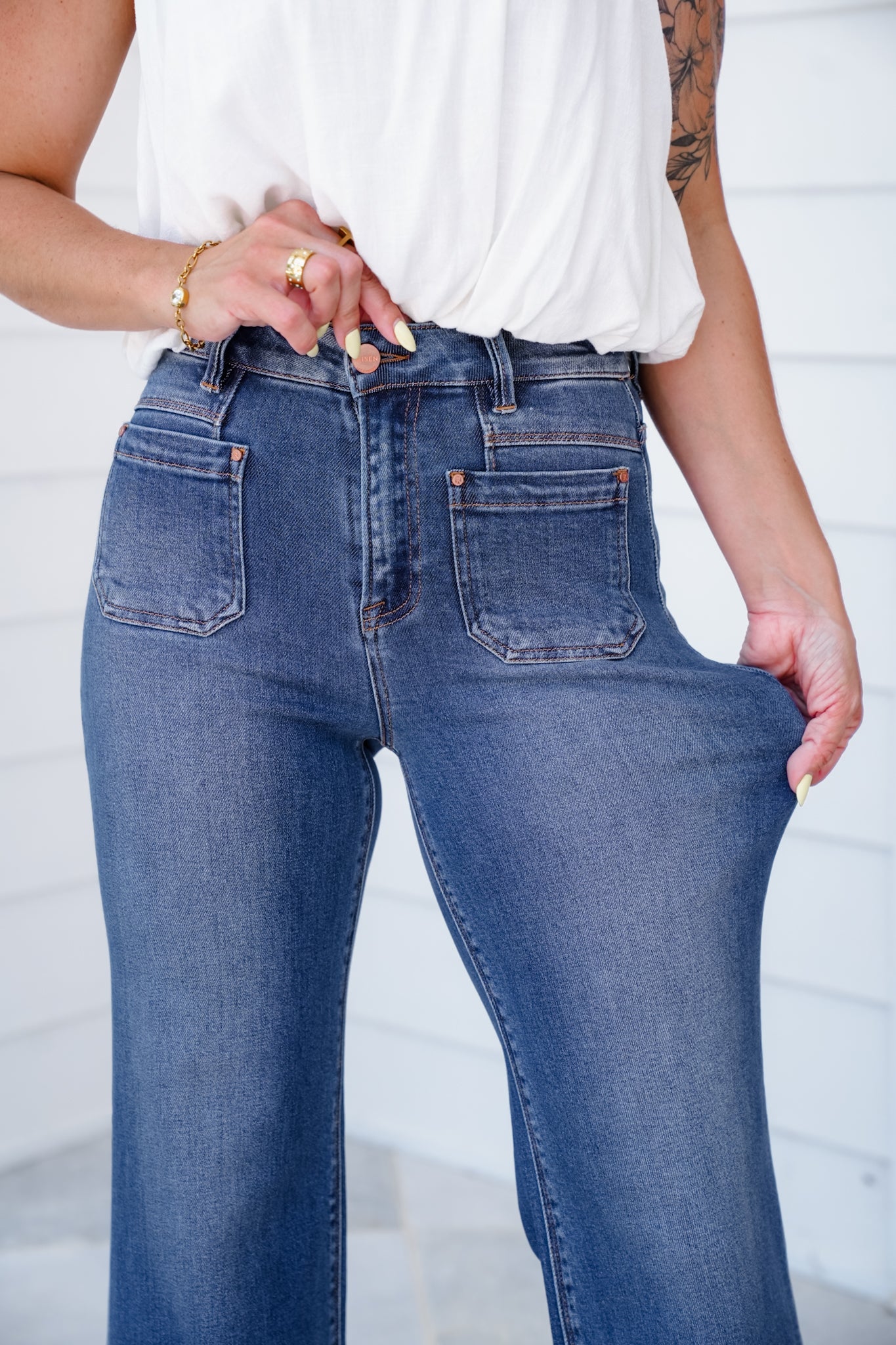 Risen High Rise Dark Wash Wide Leg Flare Jeans with Patch Pockets