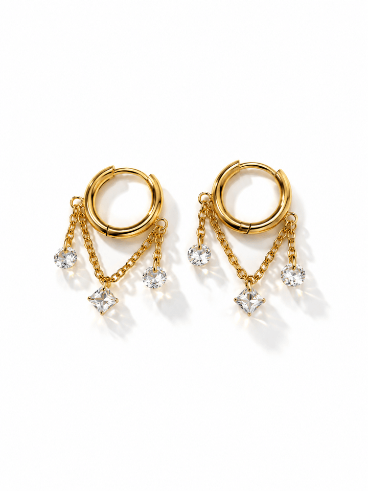 Tri Crystal Layered Chain Tassel Huggie Earrings - Freckled Poppy