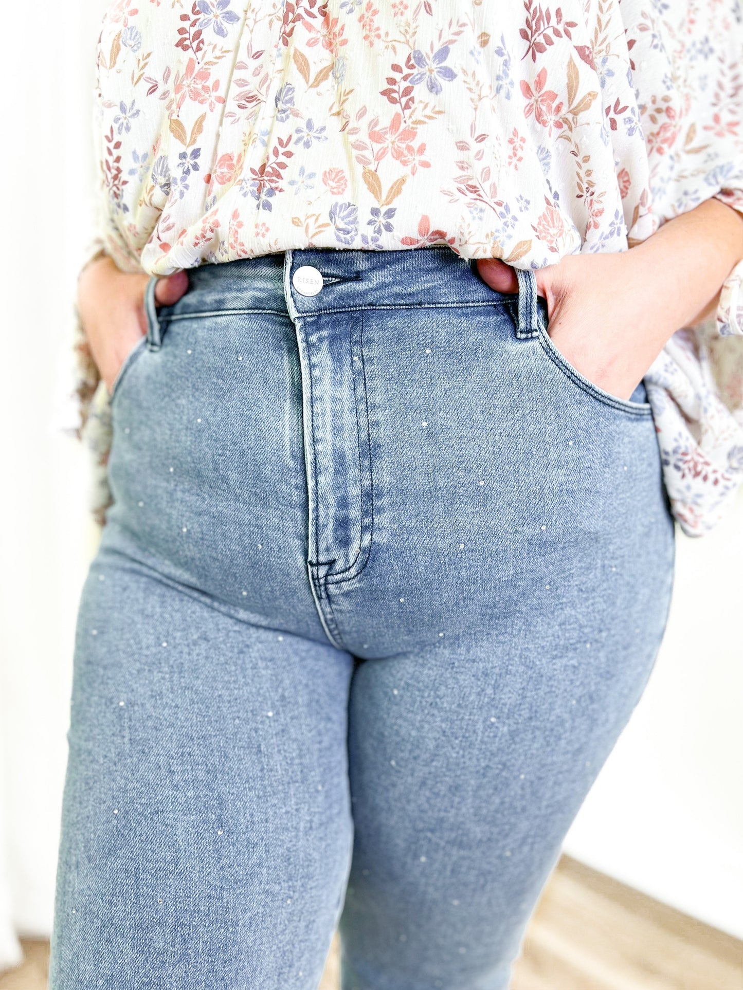 Risen Medium Wash High Rise Slim Straight Jeans With Rhinestones
