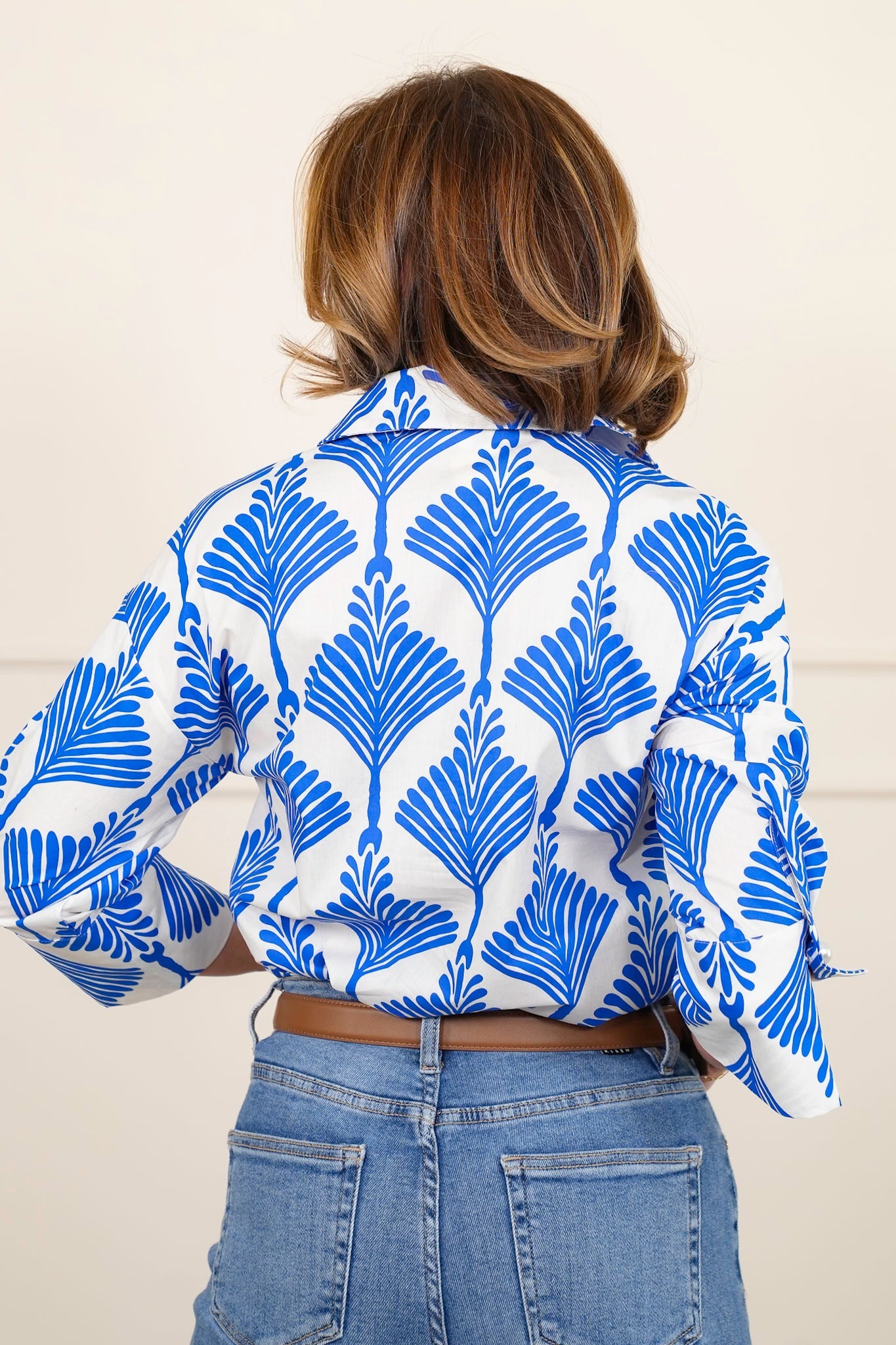 Print 3/4 Sleeve Button Up Wide Collar Top