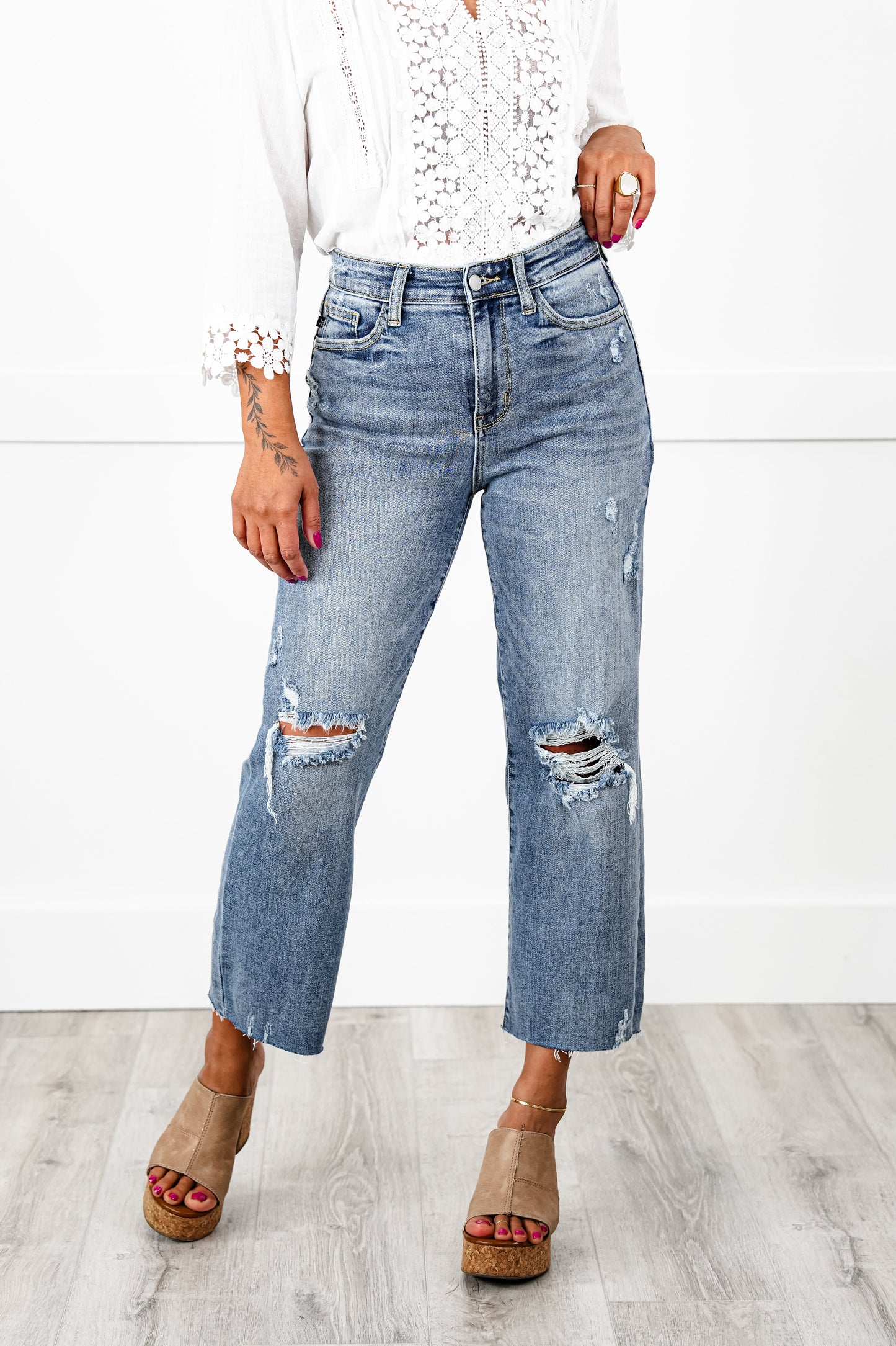 Judy Blue About Last Night Light Wash Destroyed Wide Leg Cropped Jeans