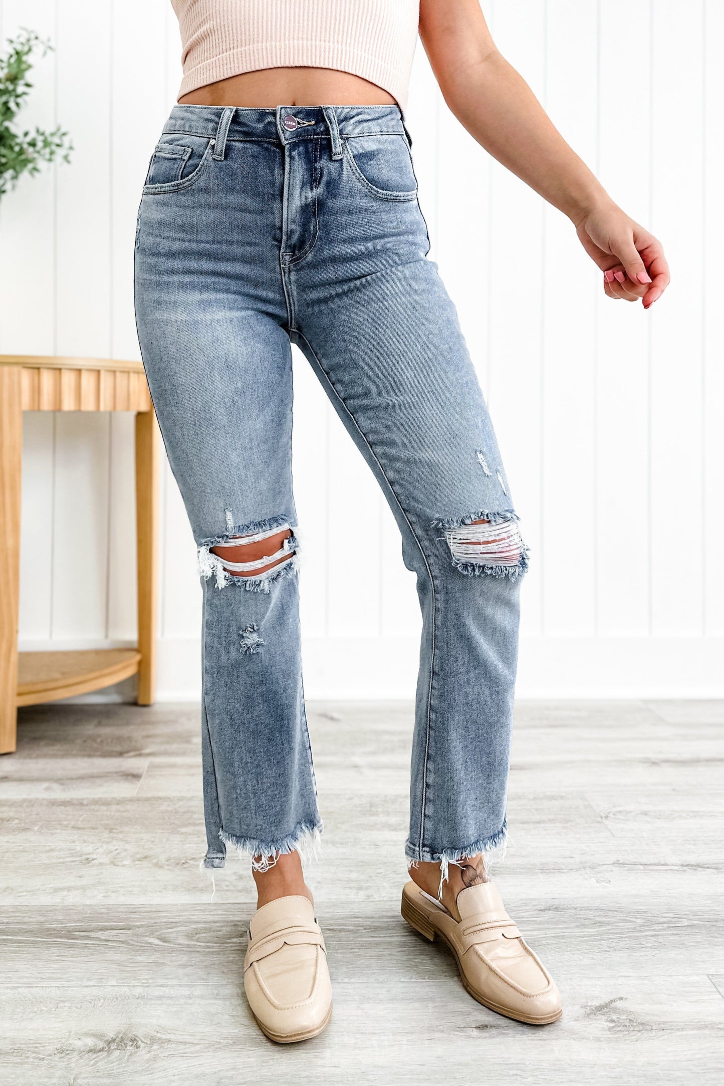 Risen Stella Babe High Rise Light Wash Cropped Distressed Flare Jeans