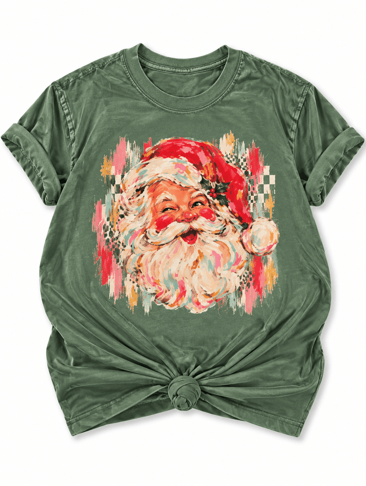 Plus/Reg Short Sleeve Painted Classic Santa Christmas Graphic Tee - Freckled Poppy