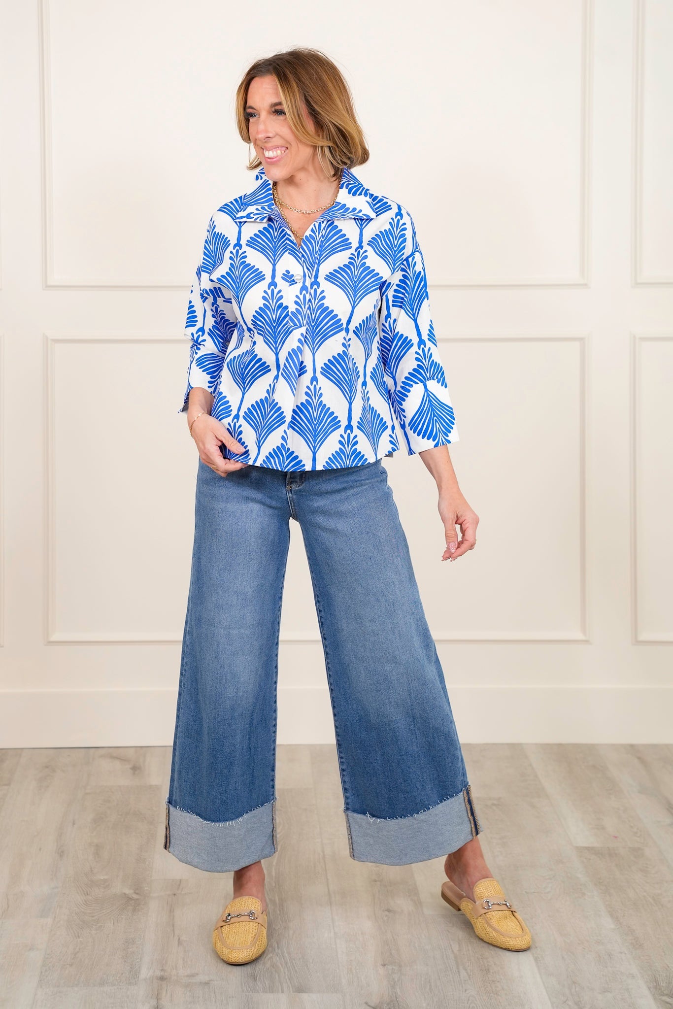 Print 3/4 Sleeve Button Up Wide Collar Top