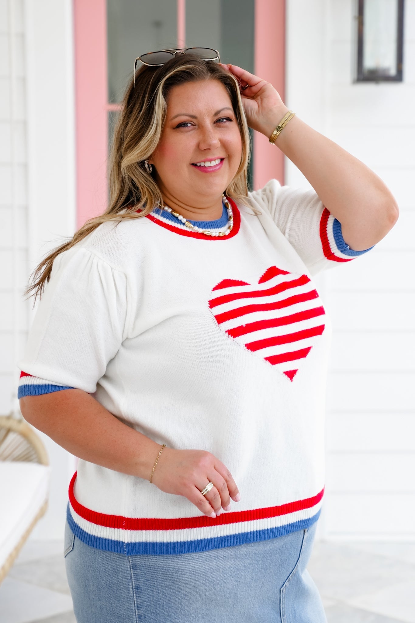 Restock! American Flag Stripe Heart Short Sleeve Pullover Sweater