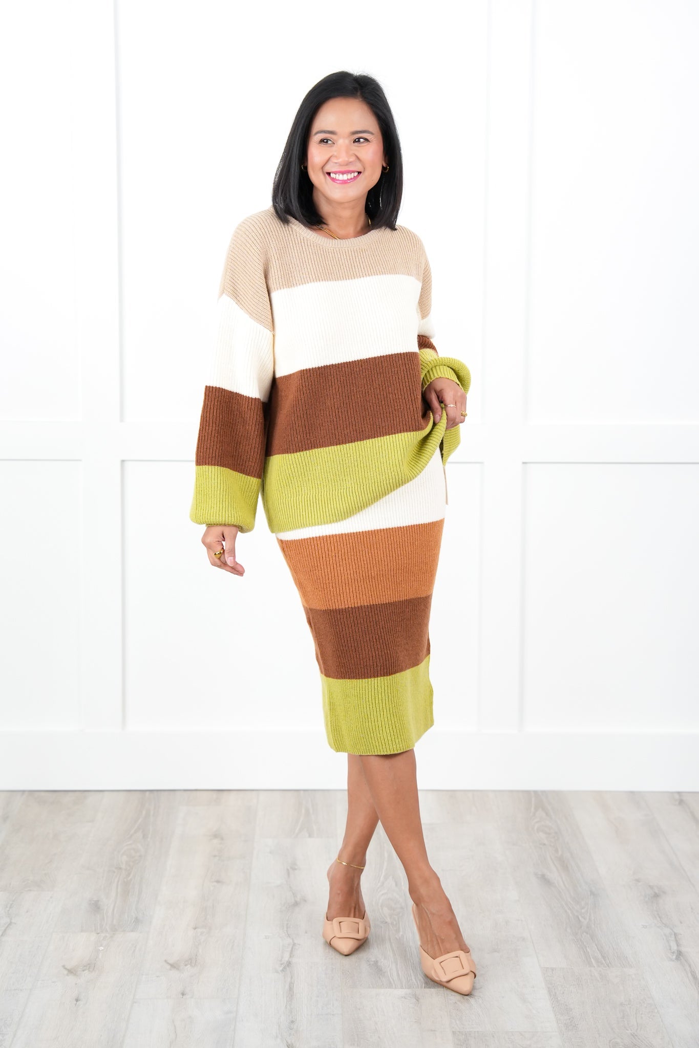 Restock! Color Block Elastic High Waist Midi Sweater Skirt
