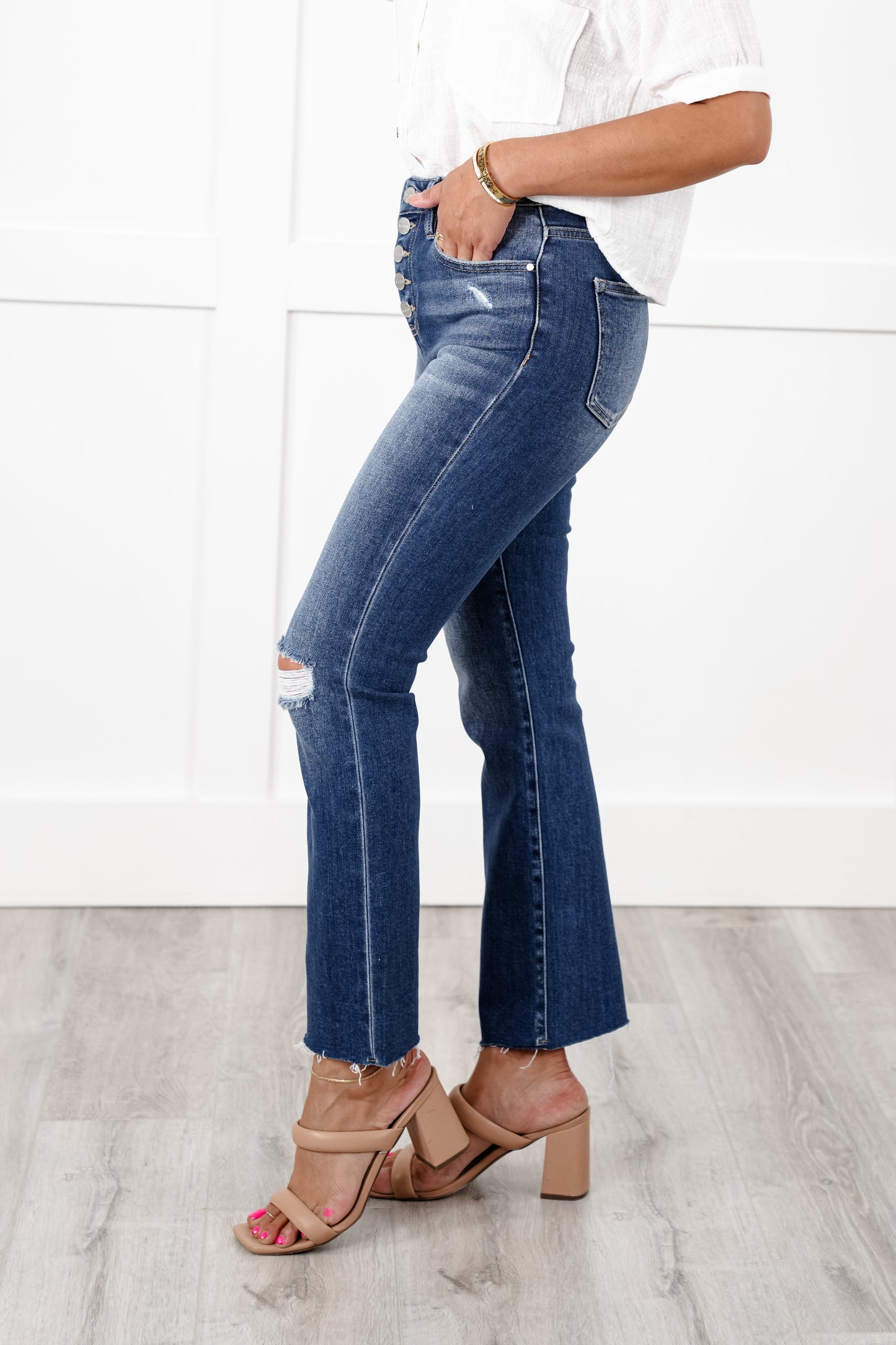 Risen High Rise Dark Wash Distressed Button Fly Straight Cropped Leg Jeans