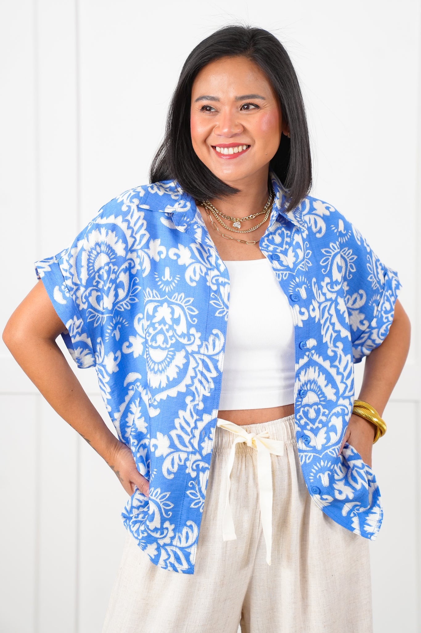 Blue Geometric Print Short Sleeve Button Down Top