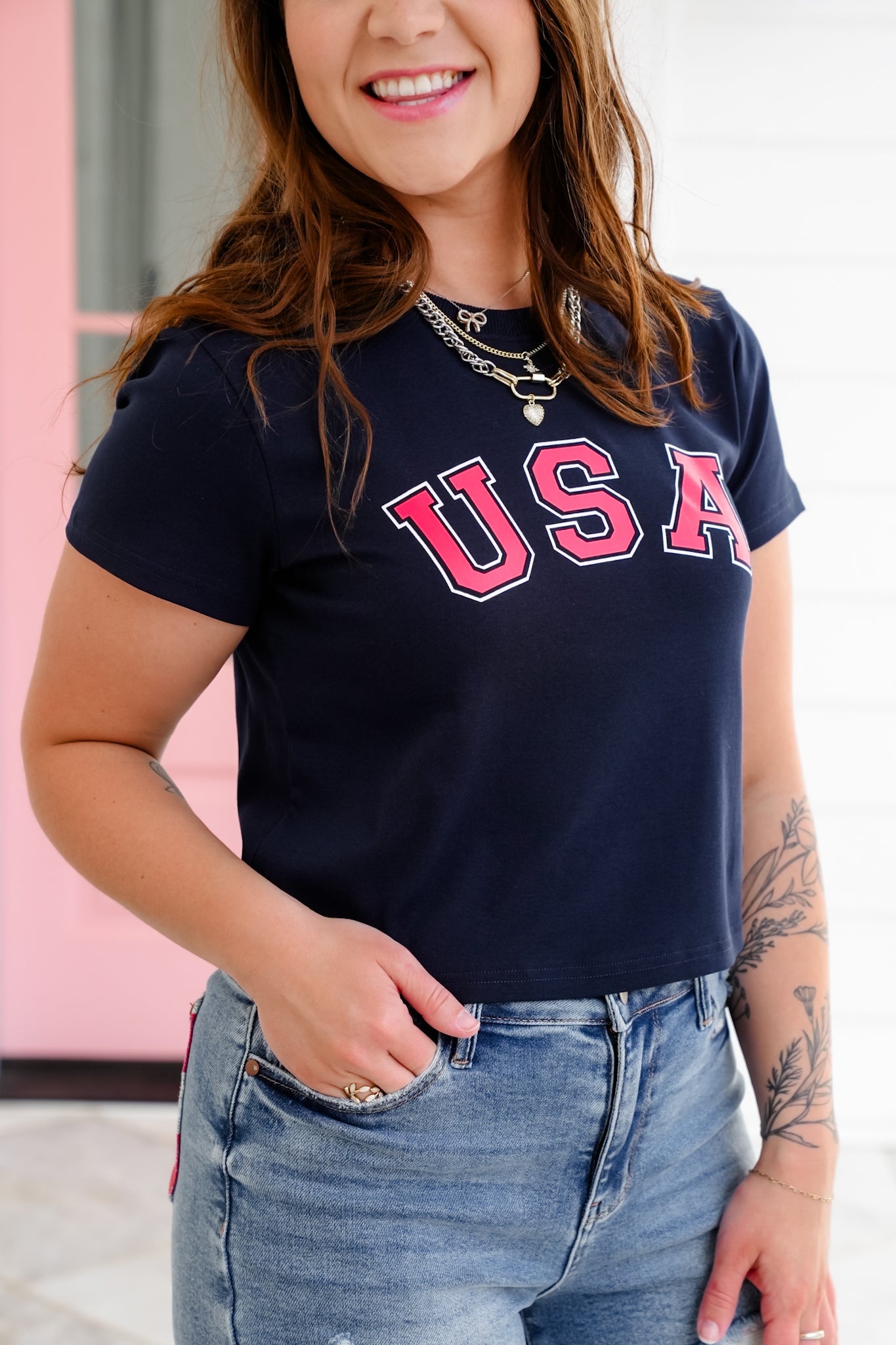 Short Sleeve "USA" Graphic Crop Top