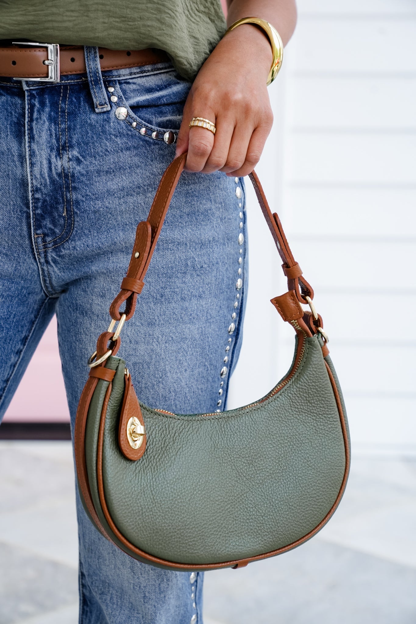 Pebbled Leather Handbag with Turn Lock