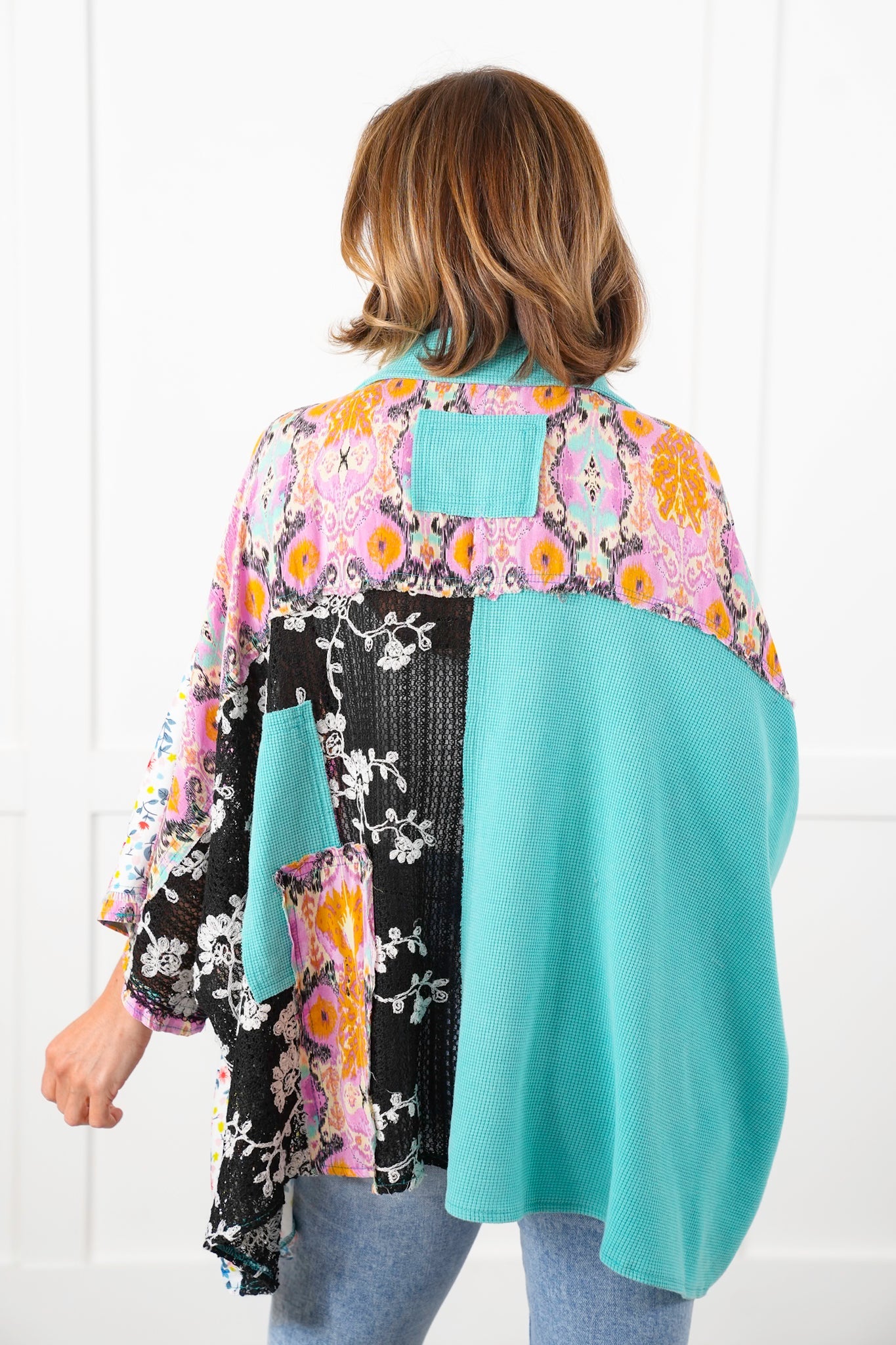 POL Thermal Long Dolman Sleeve Button Down Top with Contrast Print Detail